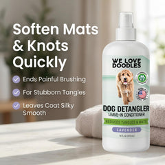 We Love Doodles detangler spray apply to coat for quick detangling.