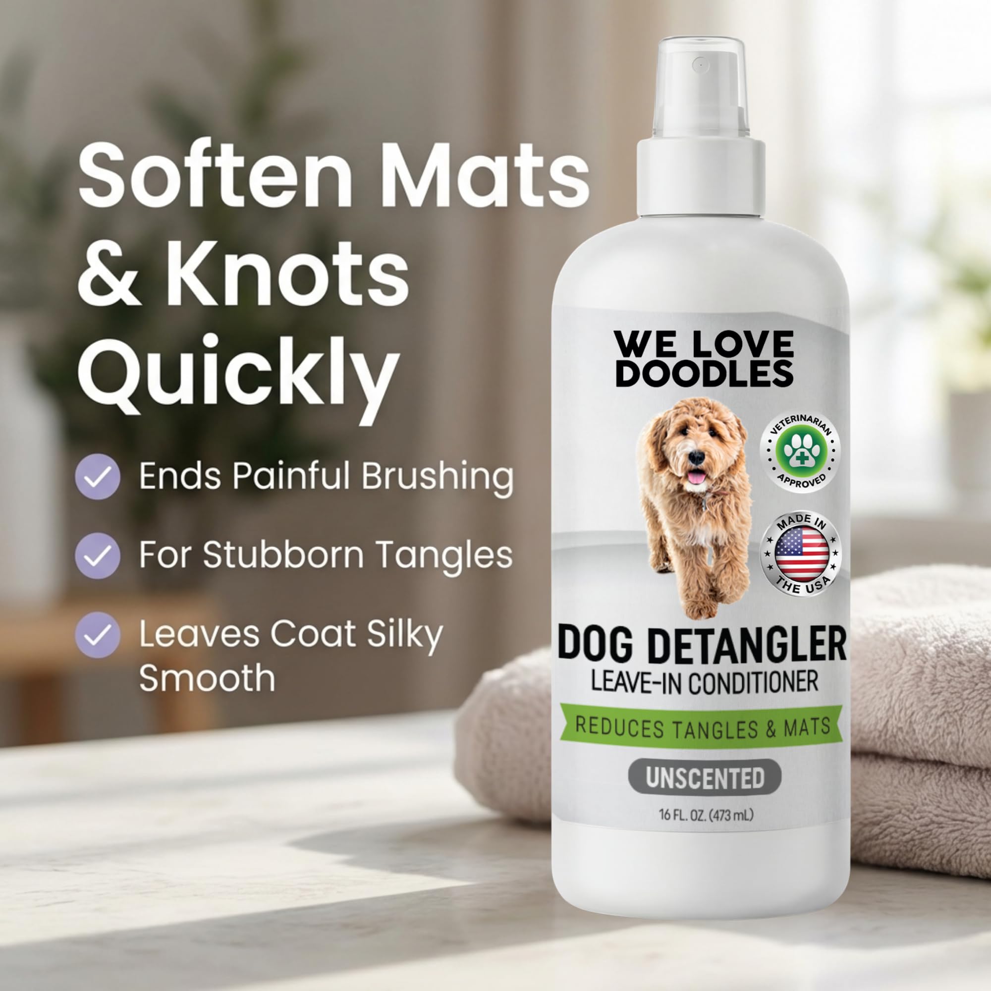 We Love Doodles dog detangler spray bottle back with usage details