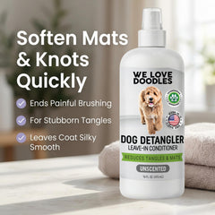We Love Doodles dog detangler spray bottle back with usage details