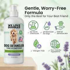 We Love Doodles detangler spray brushing tangles with minimal effort.