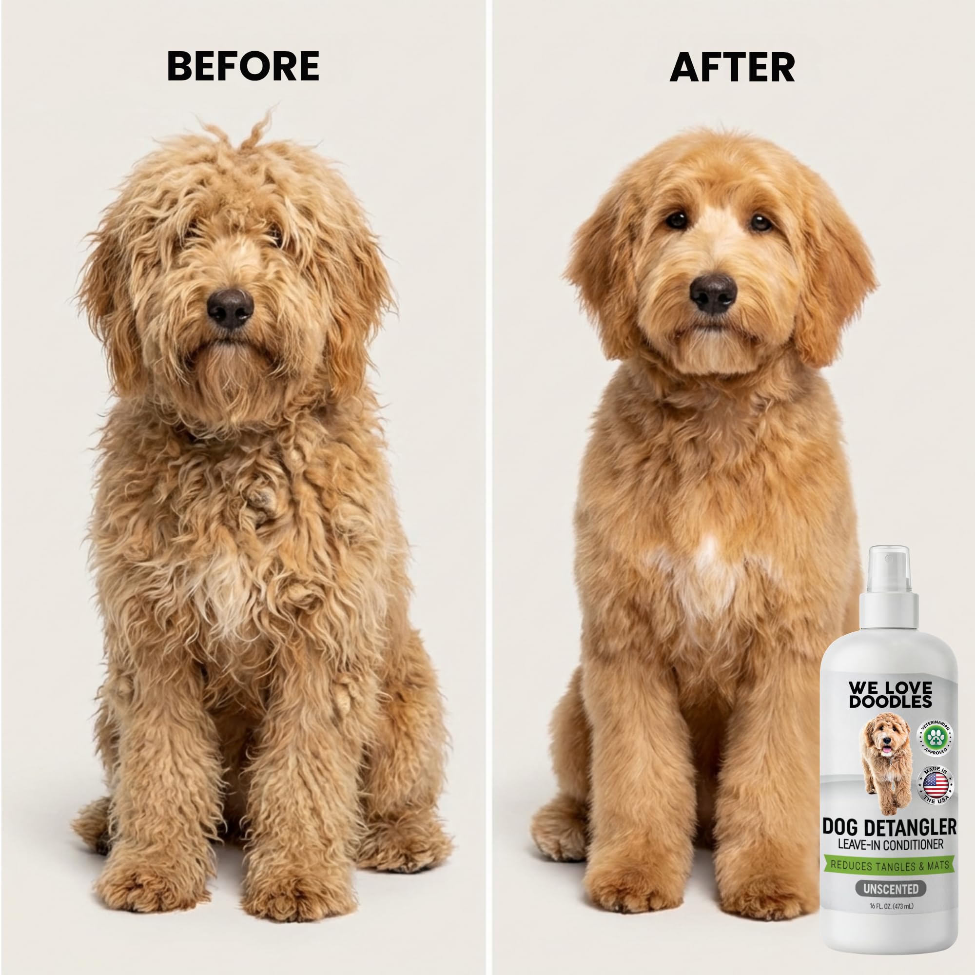 We Love Doodles detangler spray on coat detail showing smoother fur texture