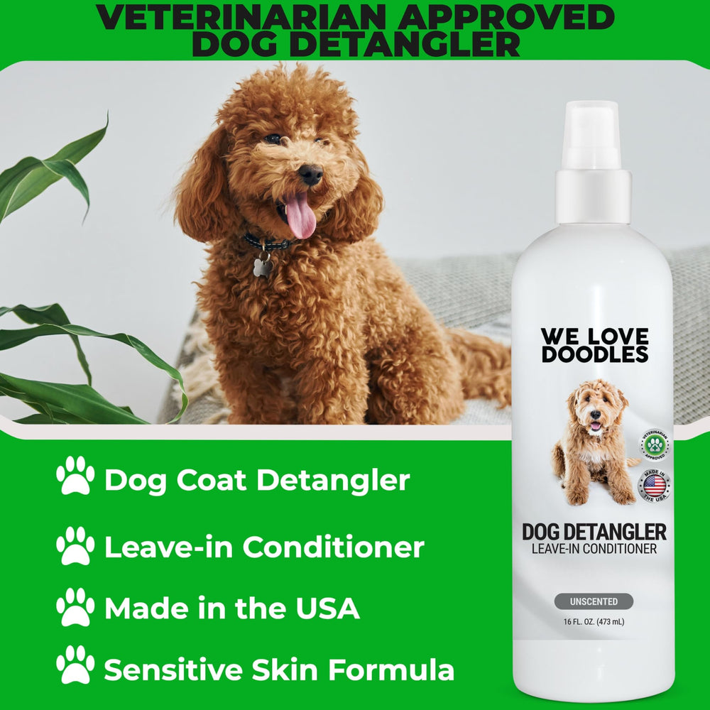 We Love Doodles detangler spray leaves dog calm and smiling after brushing