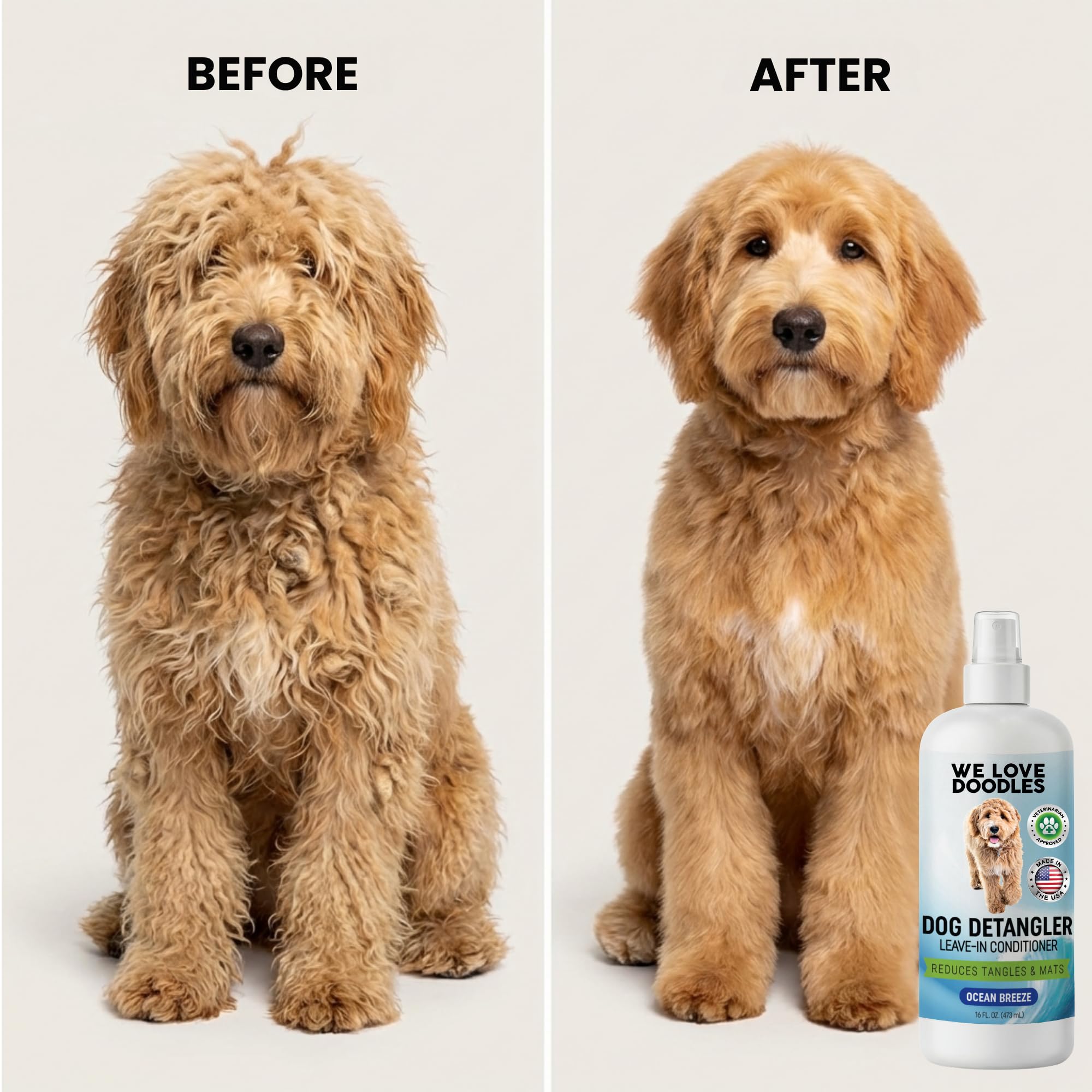 We Love Doodles Detangler Spray used during grooming with a doodle for knot-free brushing.