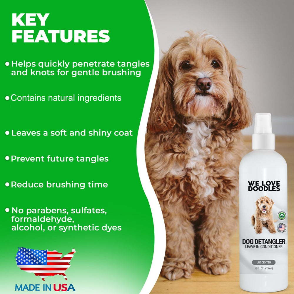 We Love Doodles detangler spray used on a playful puppy during grooming