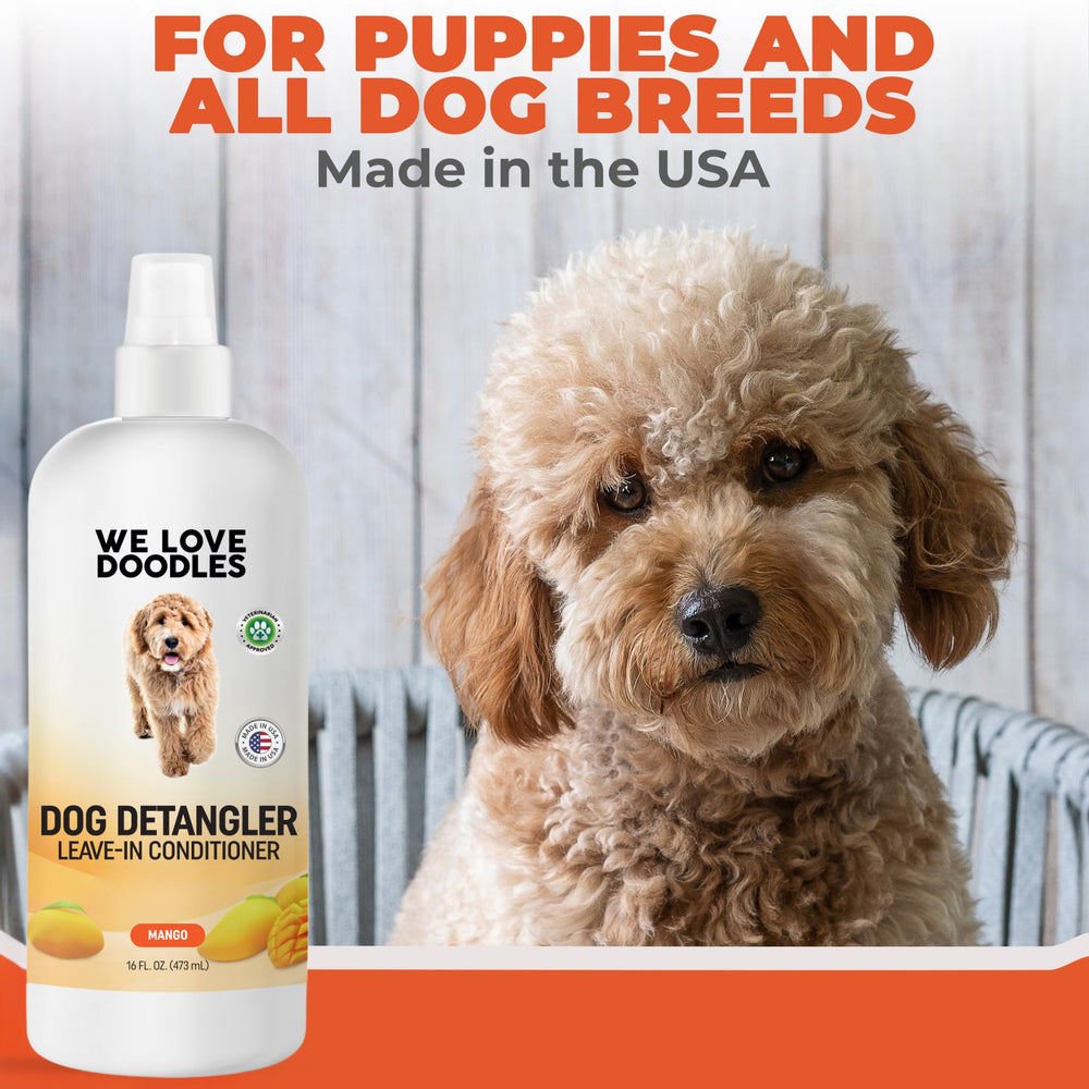 We Love Doodles dog detangler spray large bottle facilitates regular grooming sessions.