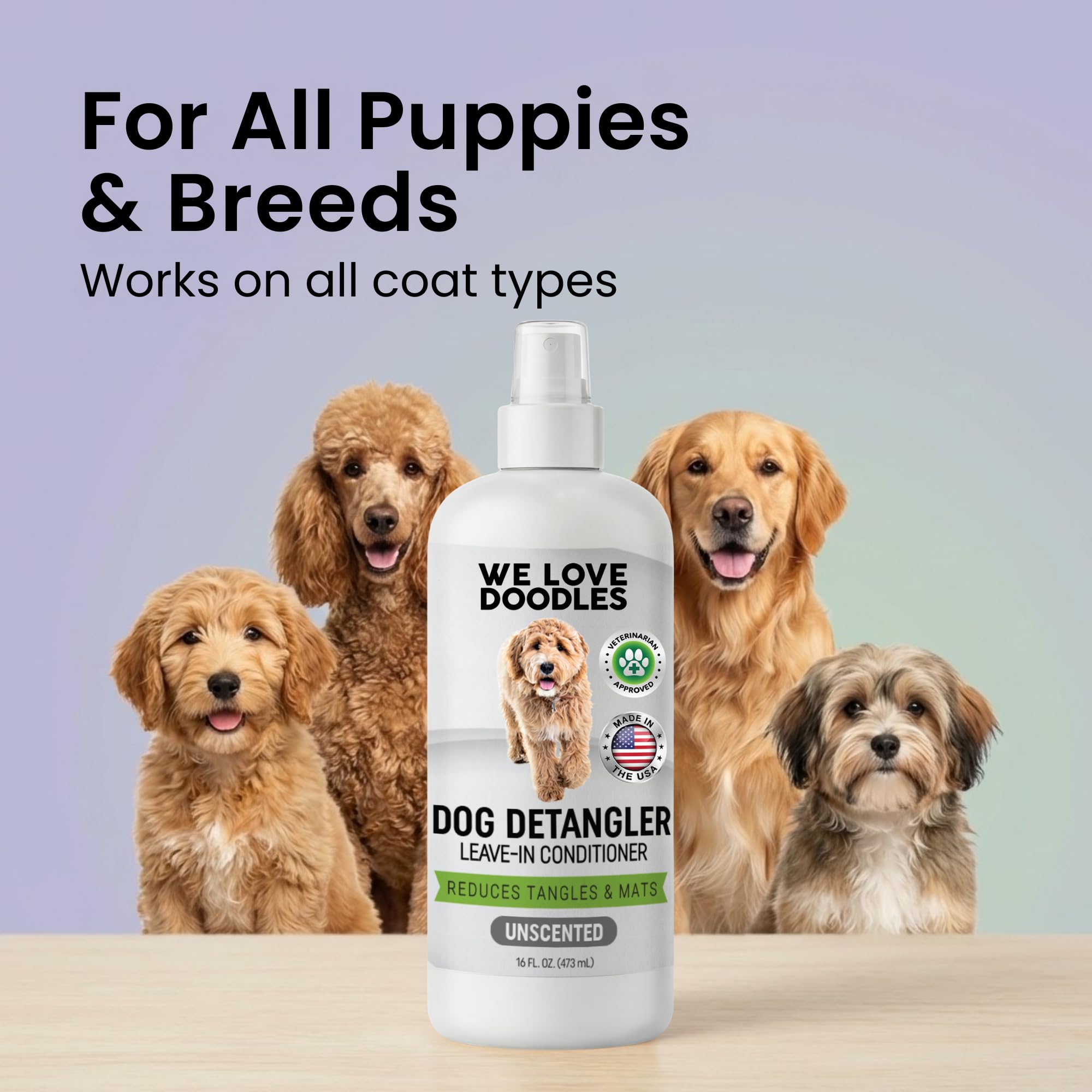 We Love Doodles dog detangler spray Made in USA label close-up
