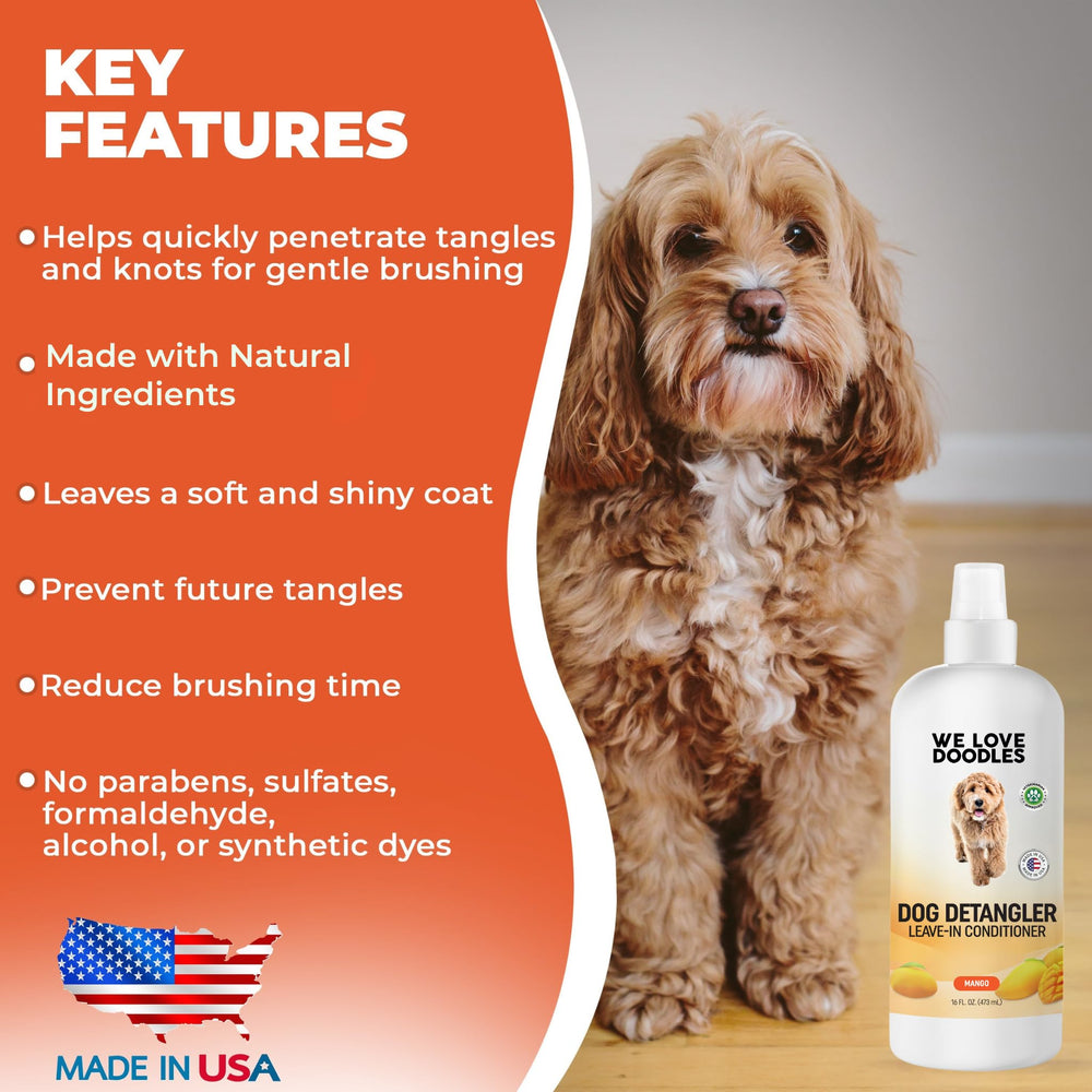 We Love Doodles detangler spray mist on coat helps manage knots quickly.