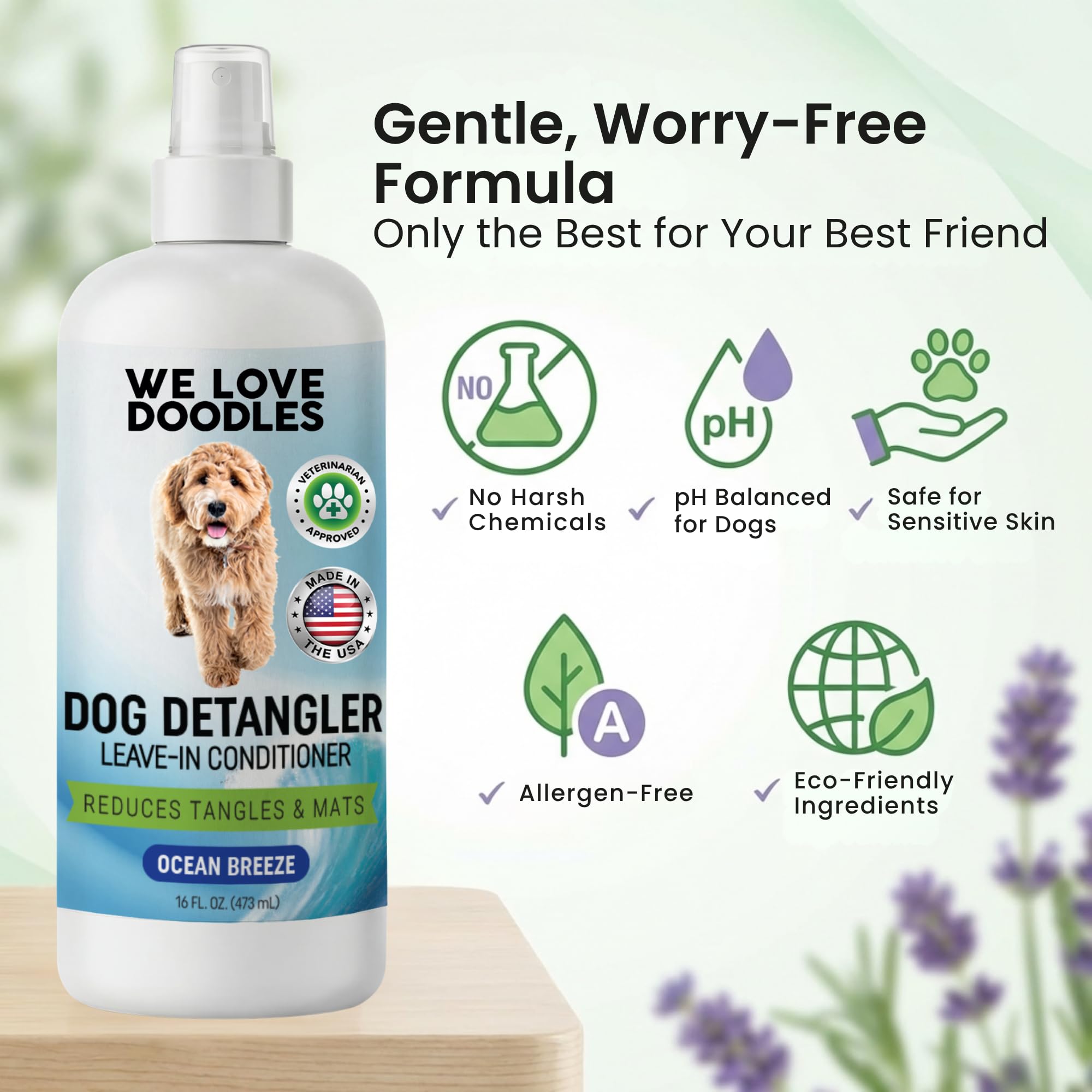 We Love Doodles Detangler Spray mist on coat for easier brushing and shine.