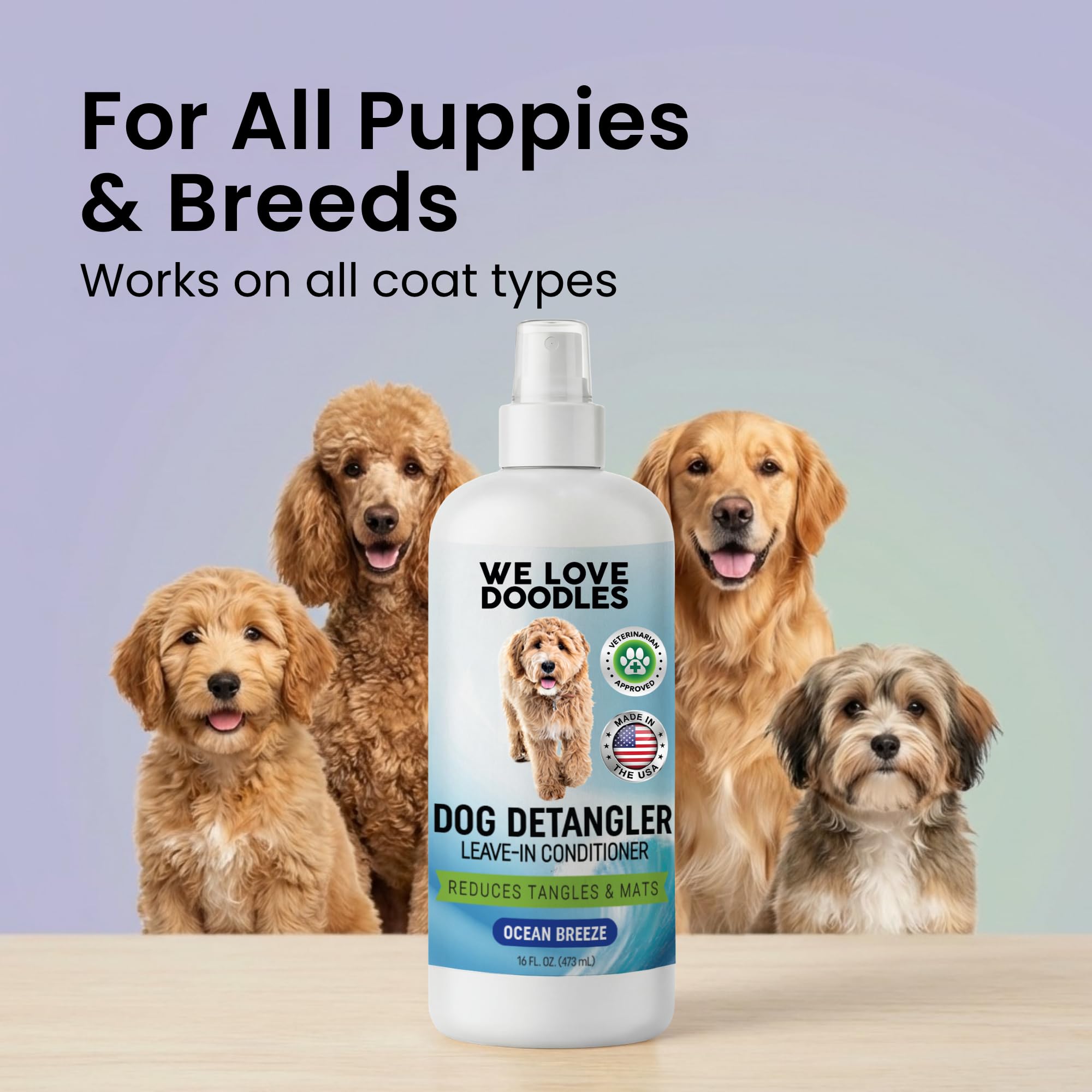 We Love Doodles Detangler Spray uses USA-made ingredients for all breeds.