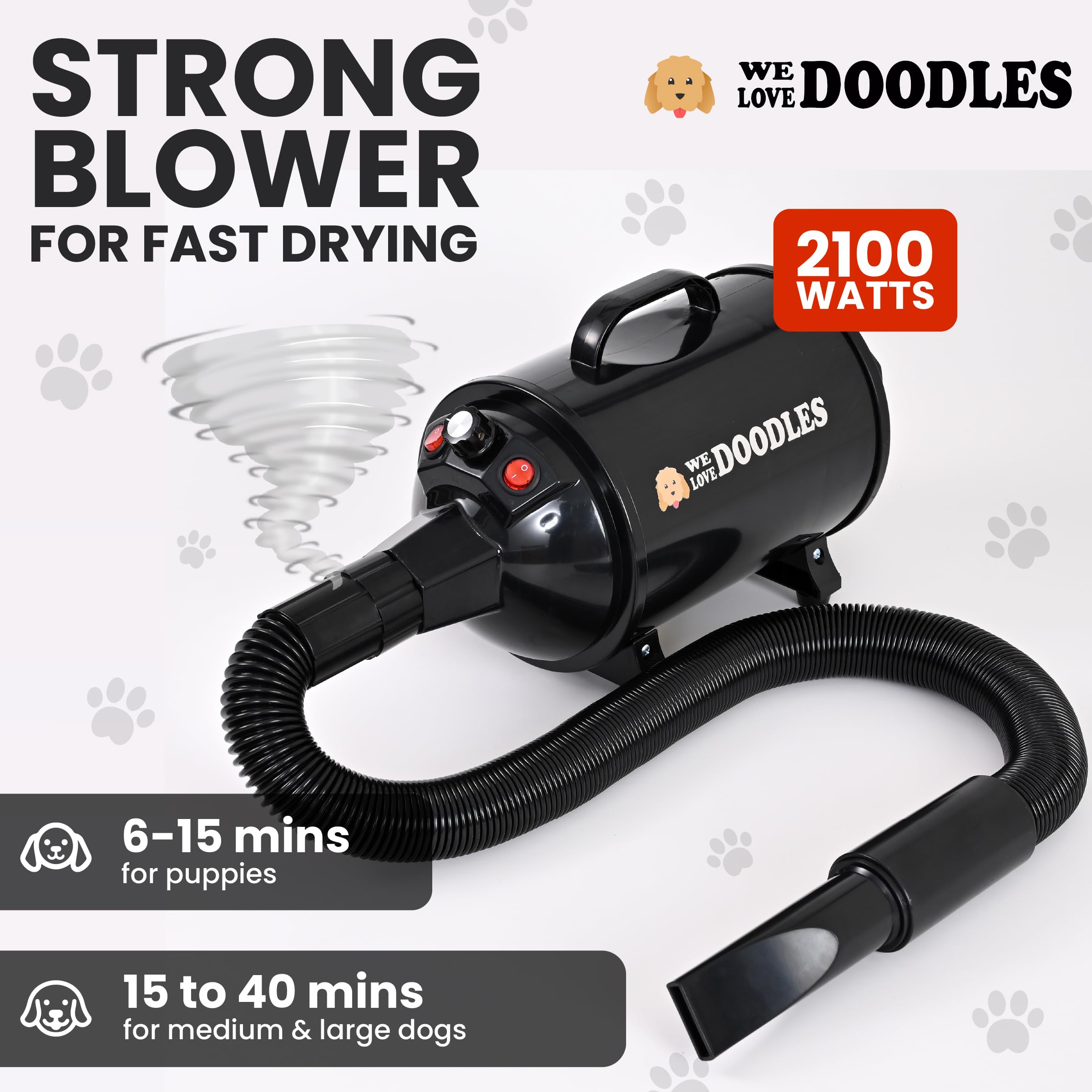 We Love Doodles dog dryer operates quietly to ease anxious pets during sessions.