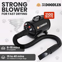 We Love Doodles dog dryer operates quietly to ease anxious pets during sessions.