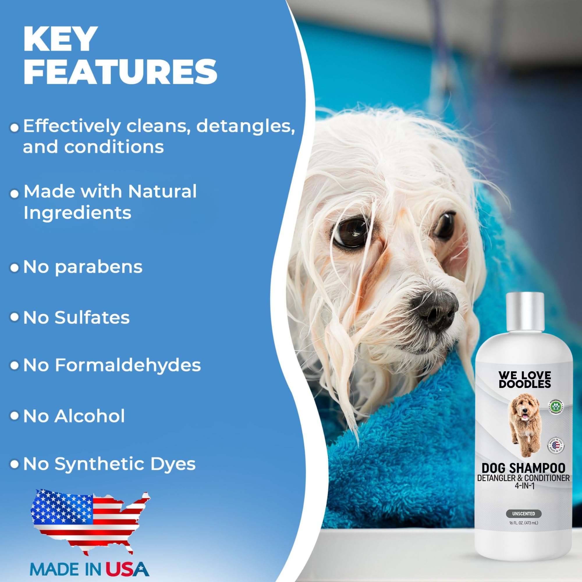 We Love Doodles dog shampoo bottle pour shows unscented formula ideal for puppies.