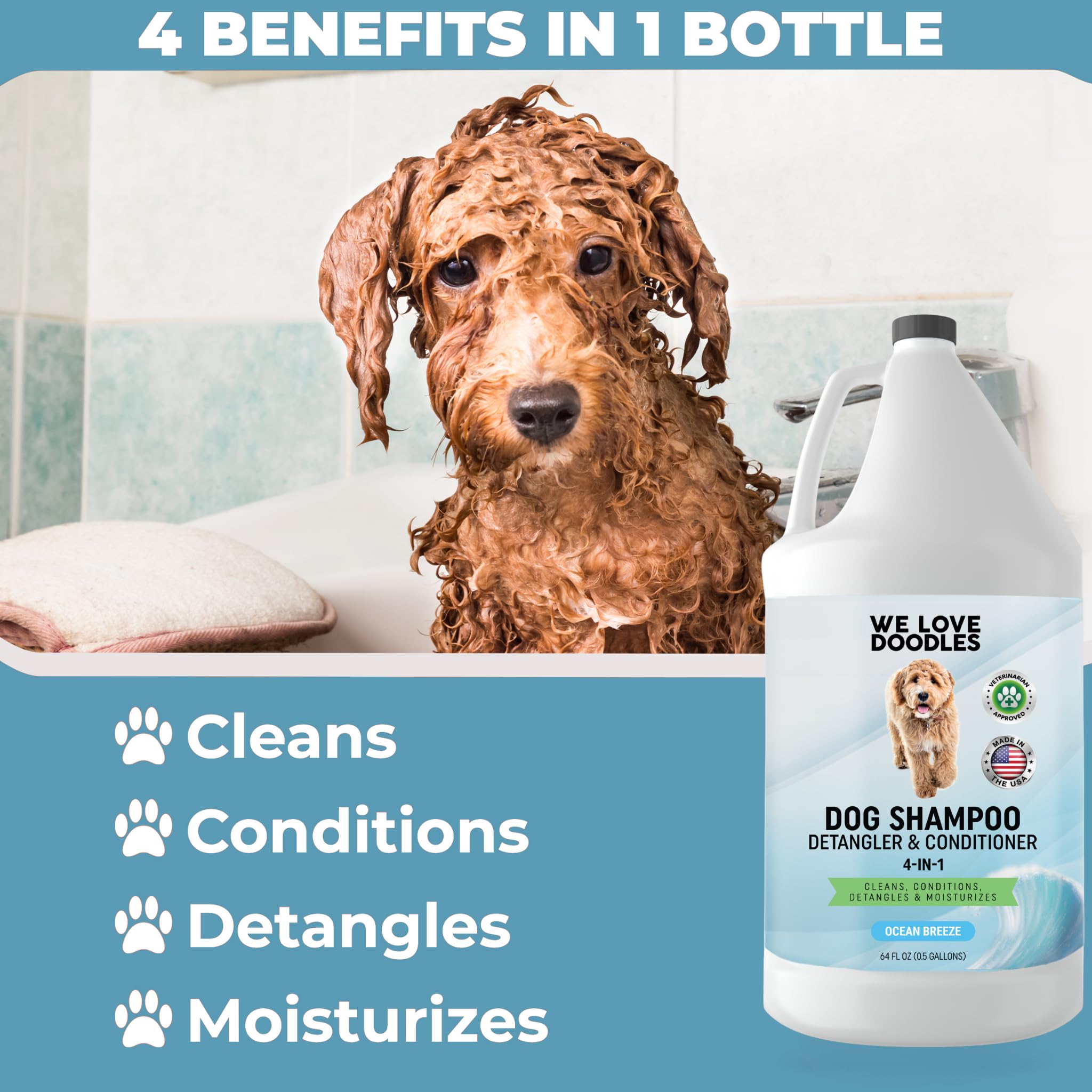 We Love Doodles detangling brush with shampoo reduces mats.