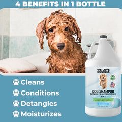 We Love Doodles detangling brush with shampoo reduces mats.