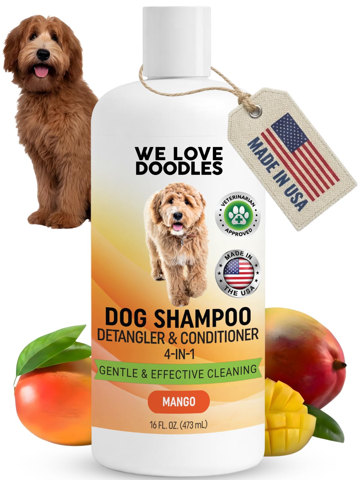 We Love Doodles mango dog shampoo bottle shown, gentle cleansing for sensitive skin