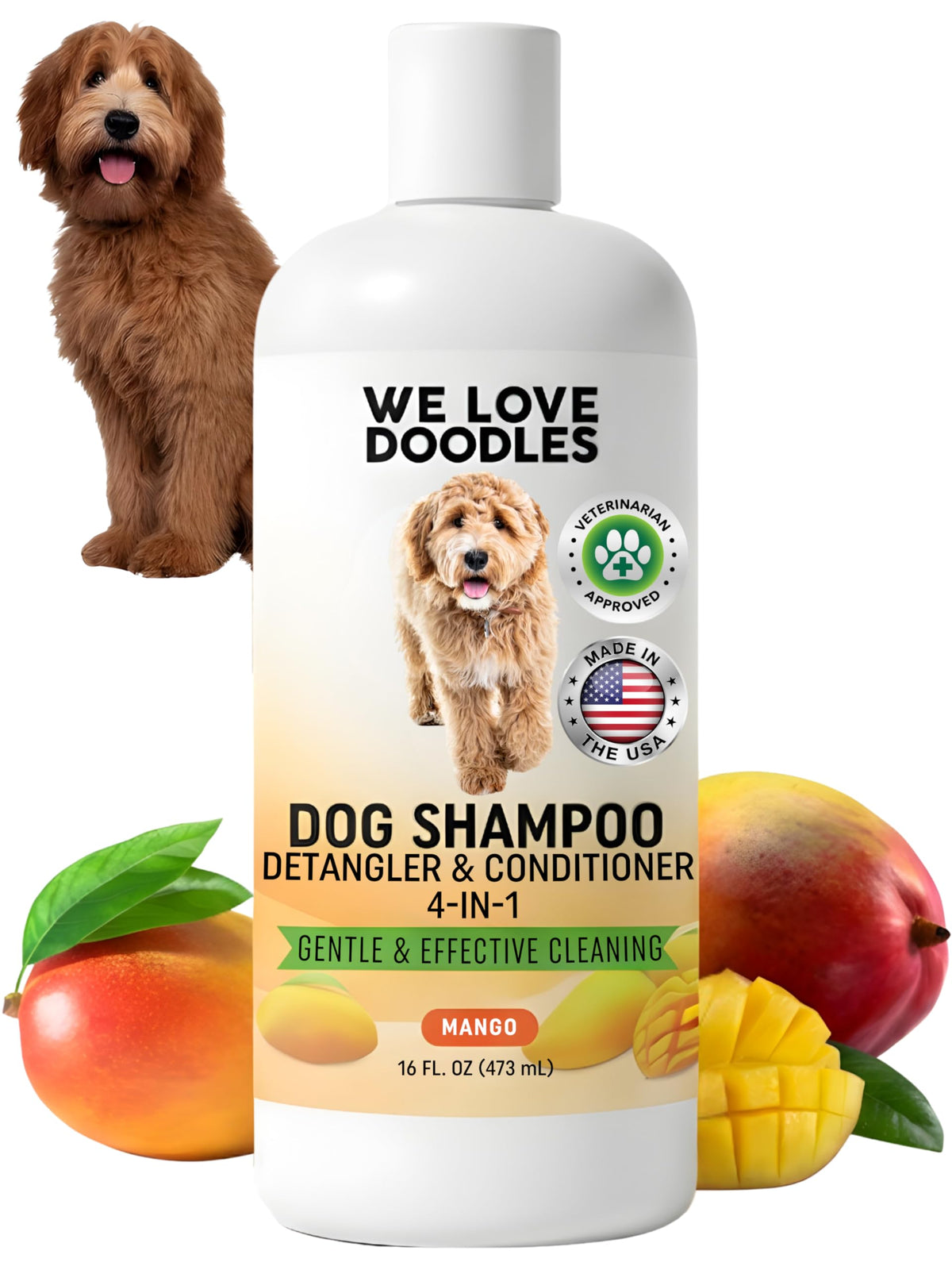 We Love Doodles Mango dog shampoo bottle for gentle coat cleansing.