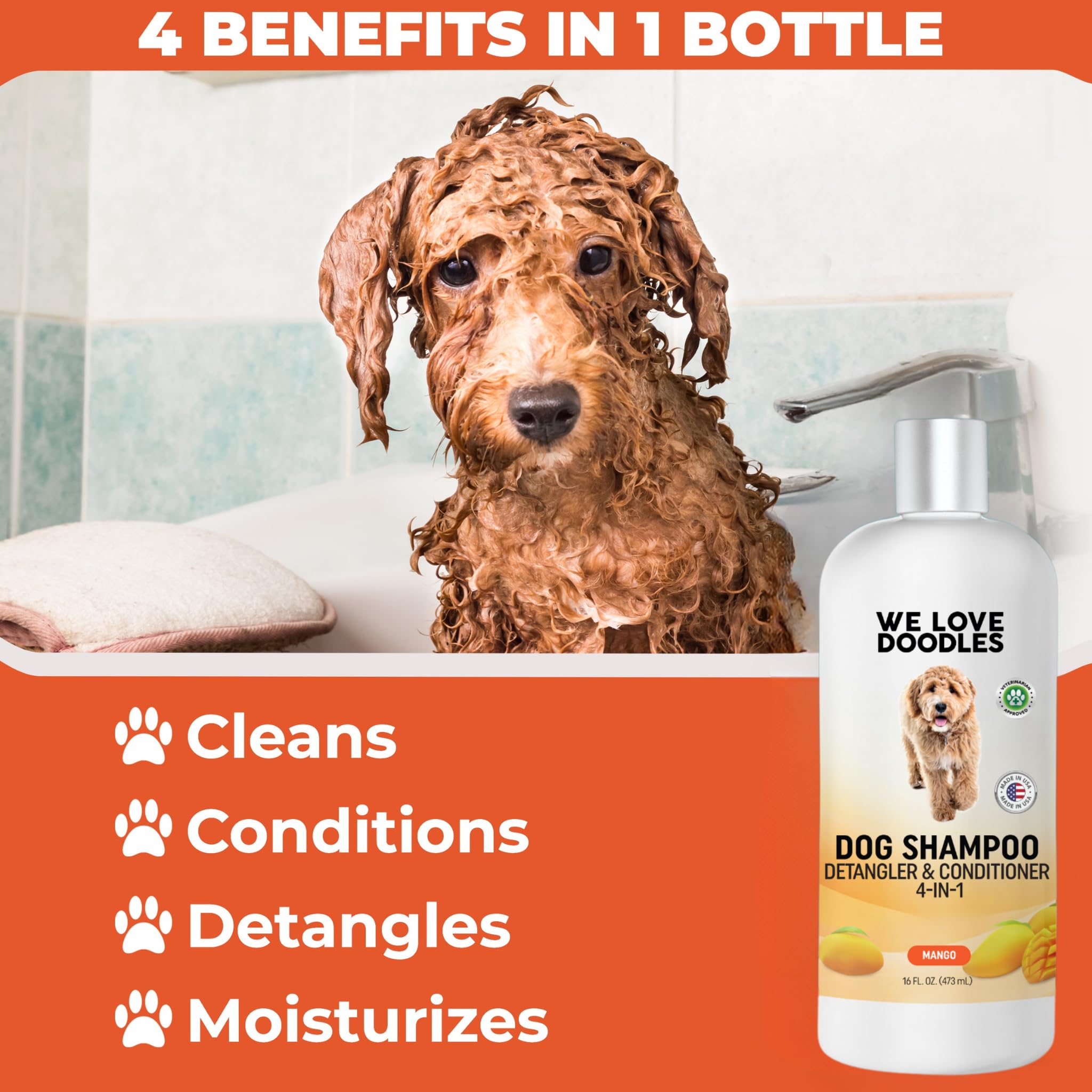 We Love Doodles Mango after-bath dog with soft, clean coat.