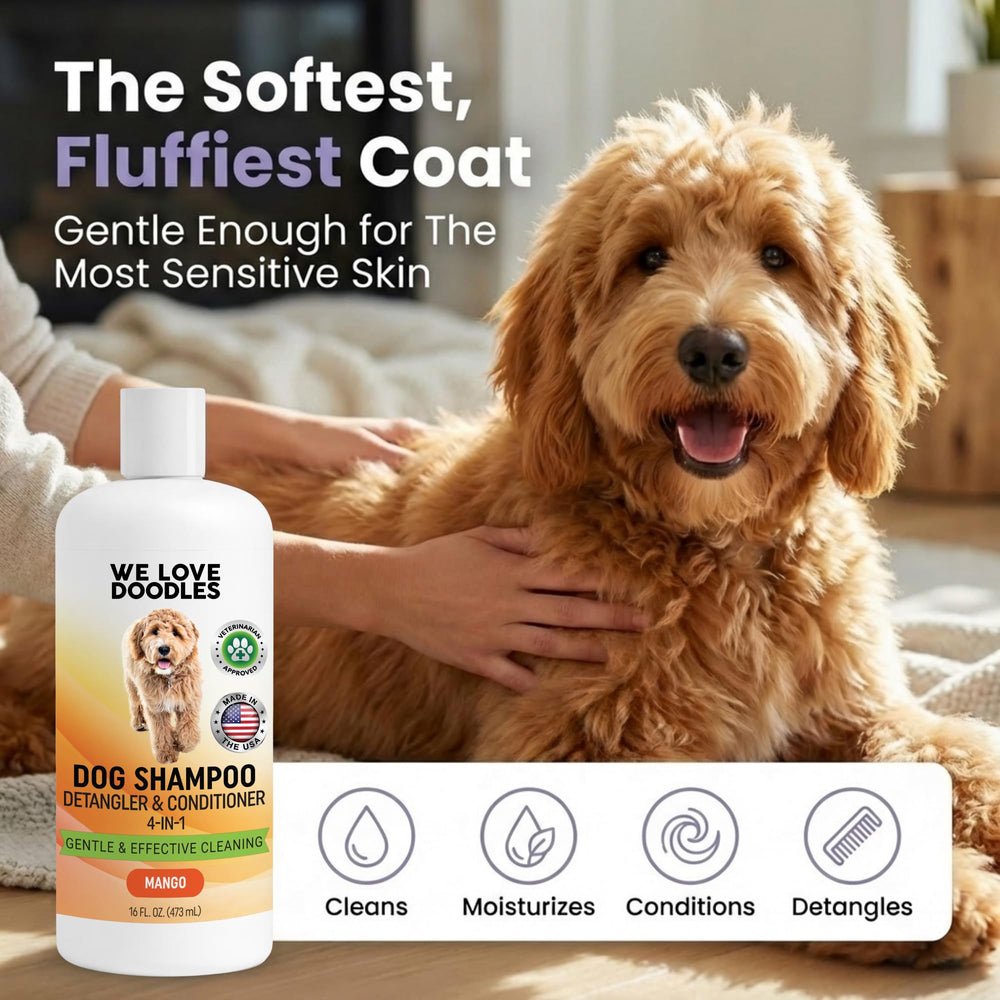 We Love Doodles mango shampoo pour, easy rinse and coat detangling