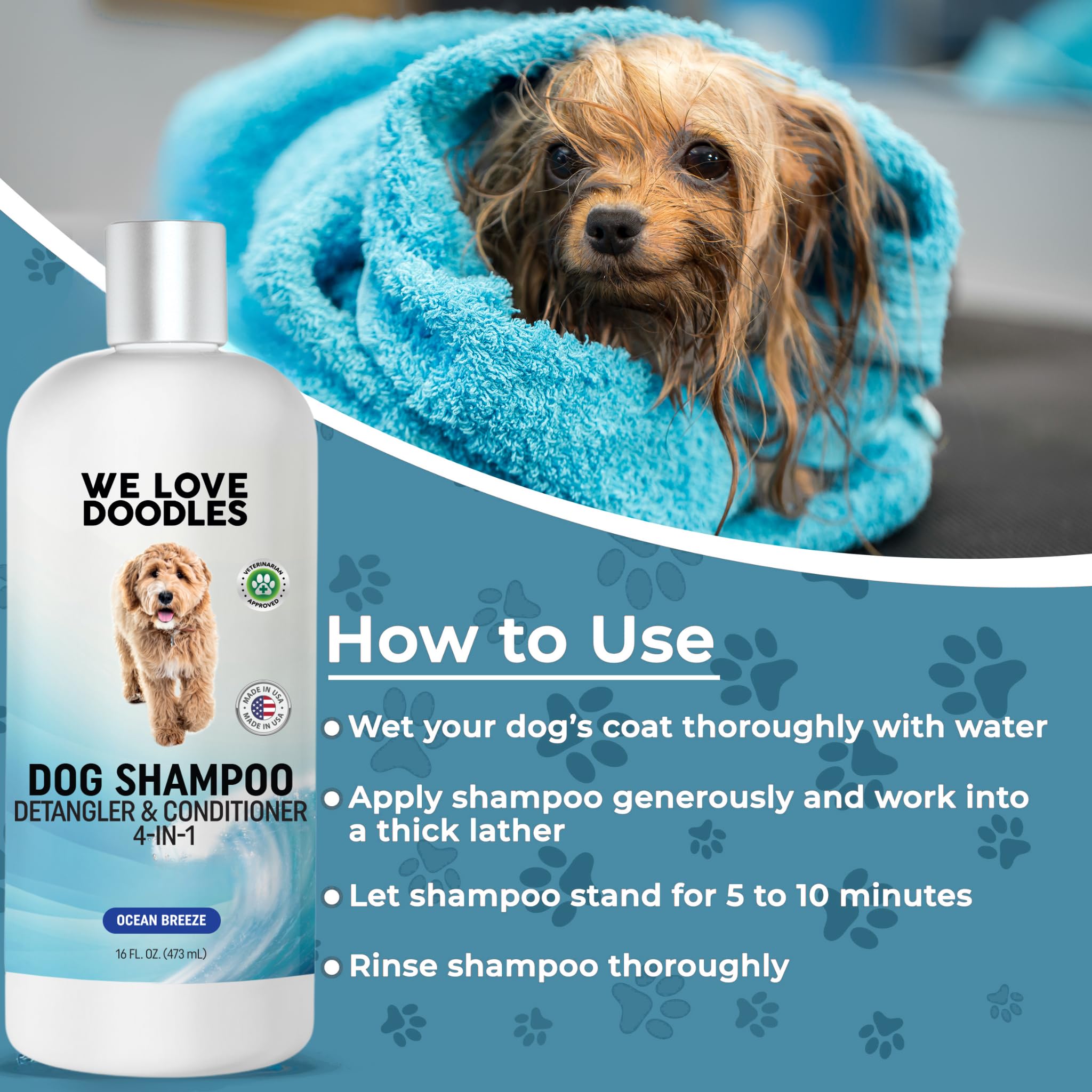 We Love Doodles Ocean Breeze detangling action, easier brushing for doodles.