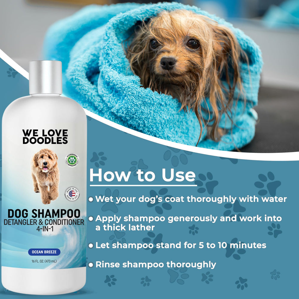 We Love Doodles Ocean Breeze detangling action, easier brushing for doodles.