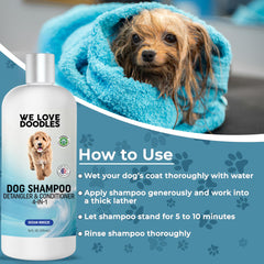We Love Doodles Ocean Breeze detangling action, easier brushing for doodles.