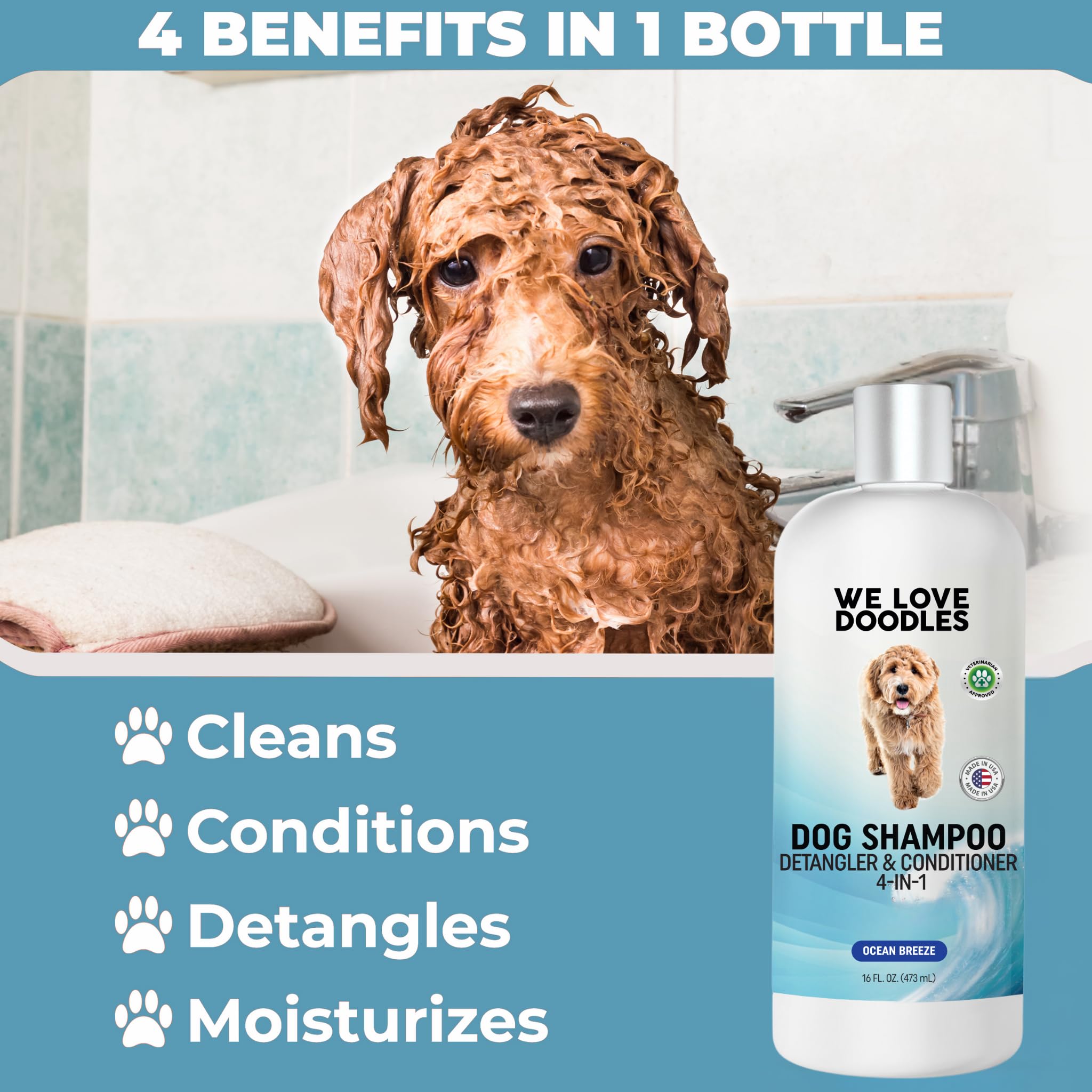 We Love Doodles Ocean Breeze after-bath coat, soft and manageable fur.