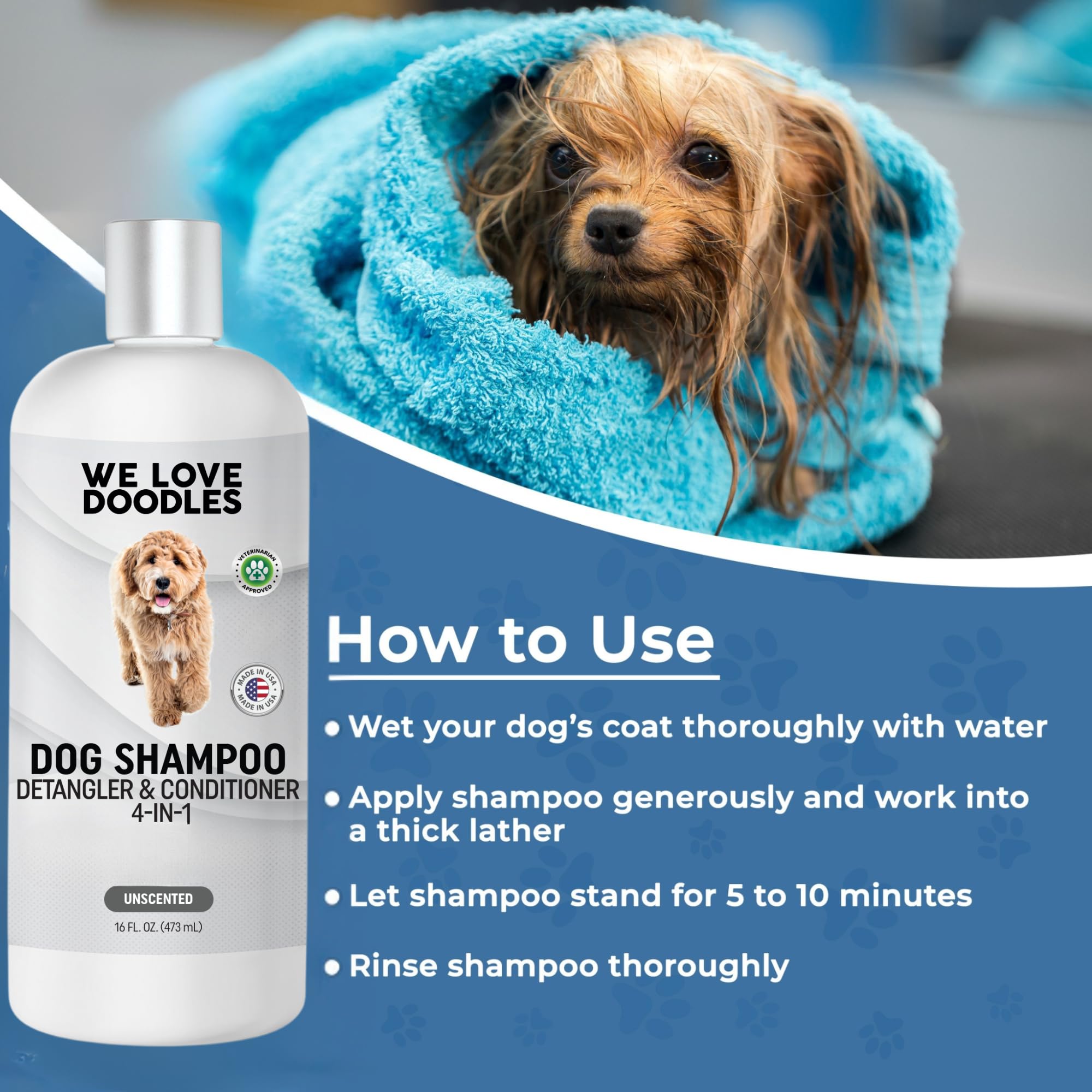 We Love Doodles dog shampoo sensitive-skin application supports gentle relief during baths.