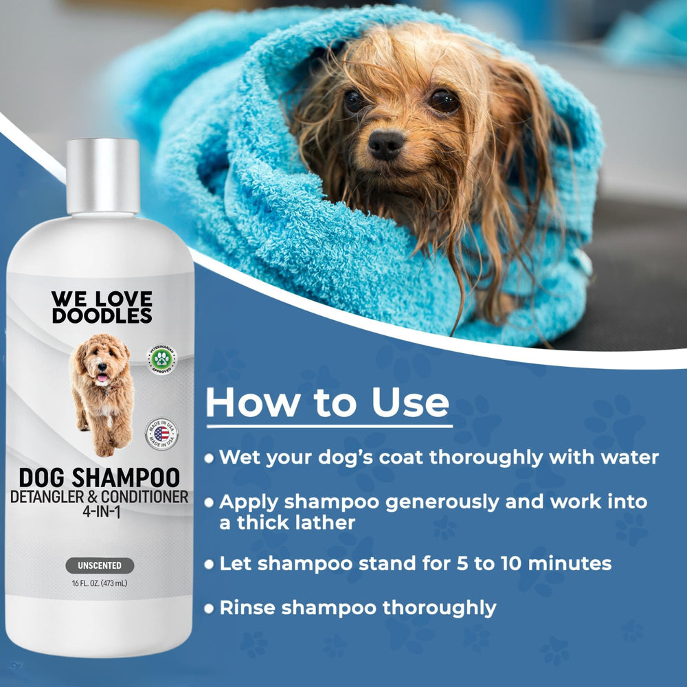 We Love Doodles dog shampoo sensitive-skin application supports gentle relief during baths.