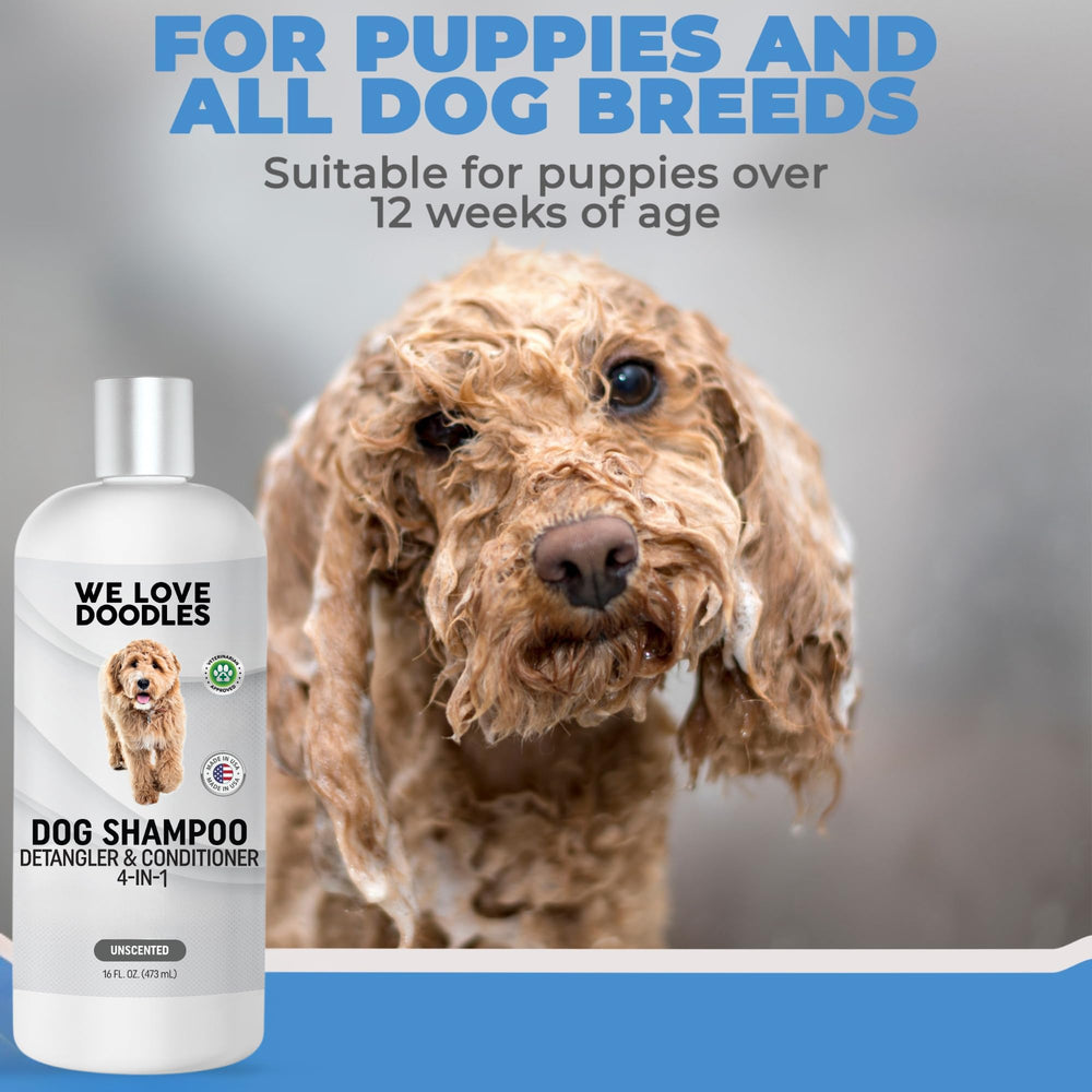 We Love Doodles dog shampoo tearless formula keeps eyes comfortable during baths.