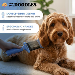 We Love Doodles dog slicker brush image, mats and tangles remover for a smoother coat.
