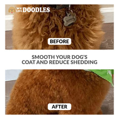 We Love Doodles dog grooming session showing brushing action.