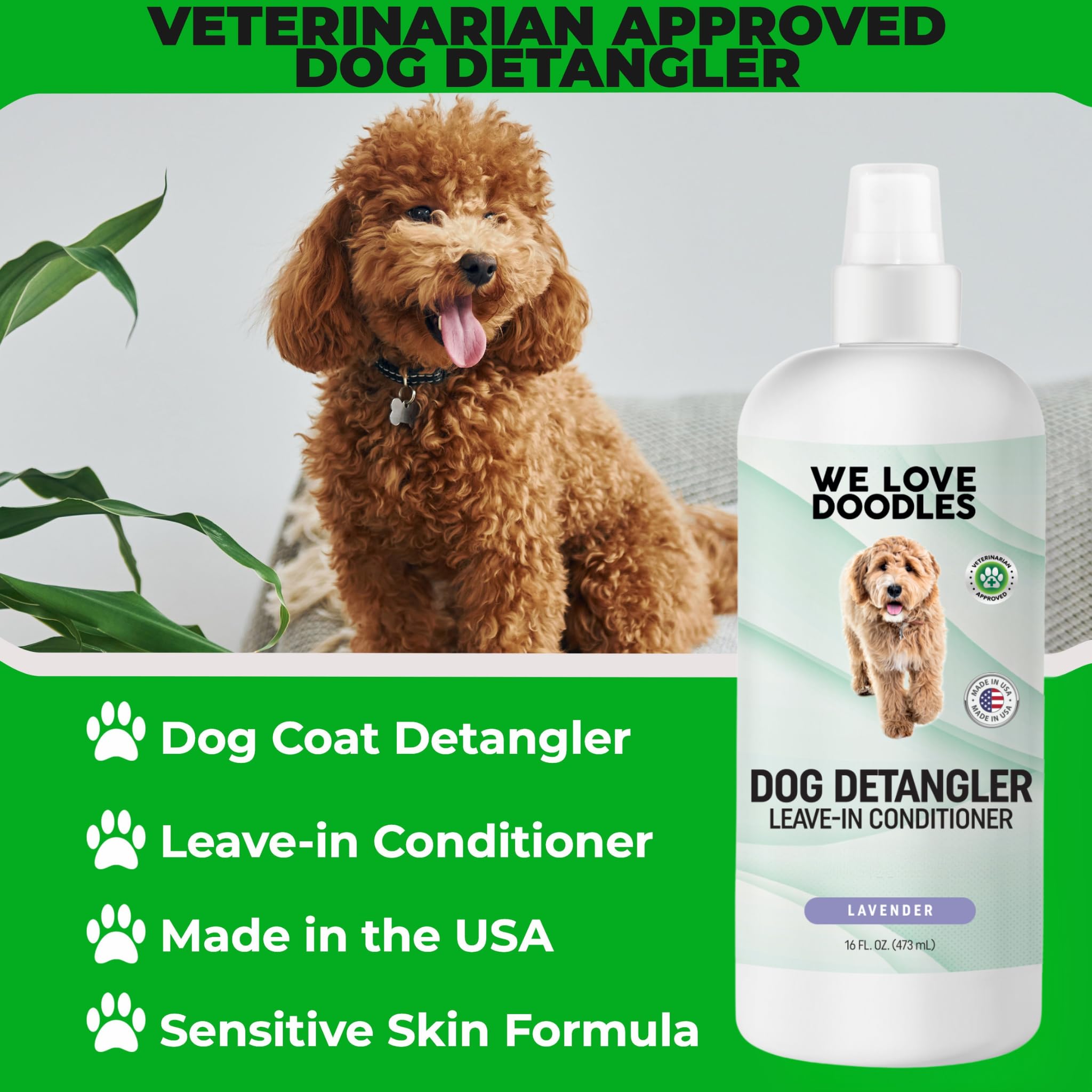 We Love Doodles ergonomic handle on the dog grooming brush.