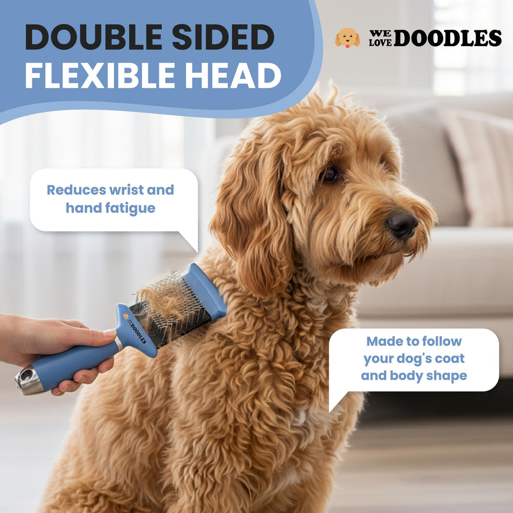 We Love Doodles flexible slicker brush head reaches curved body areas.