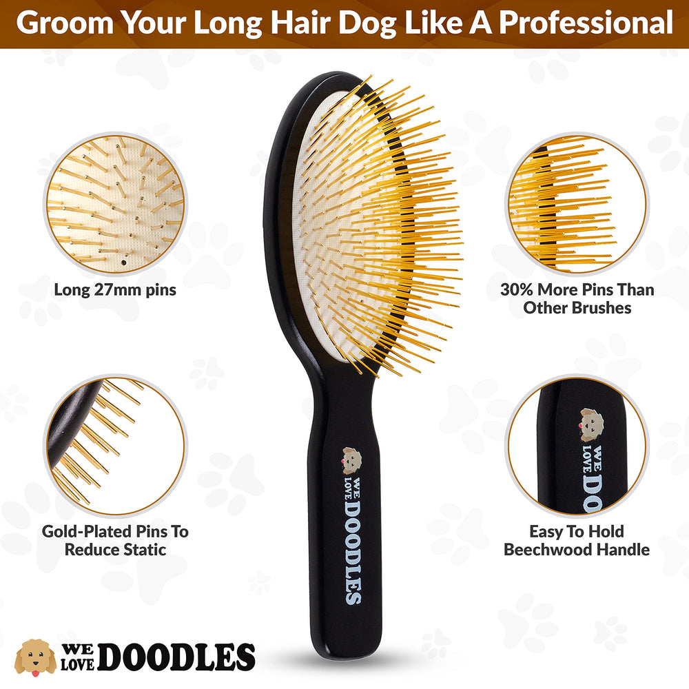 We Love Doodles gold-plated pins close-up for smooth, low-static grooming.