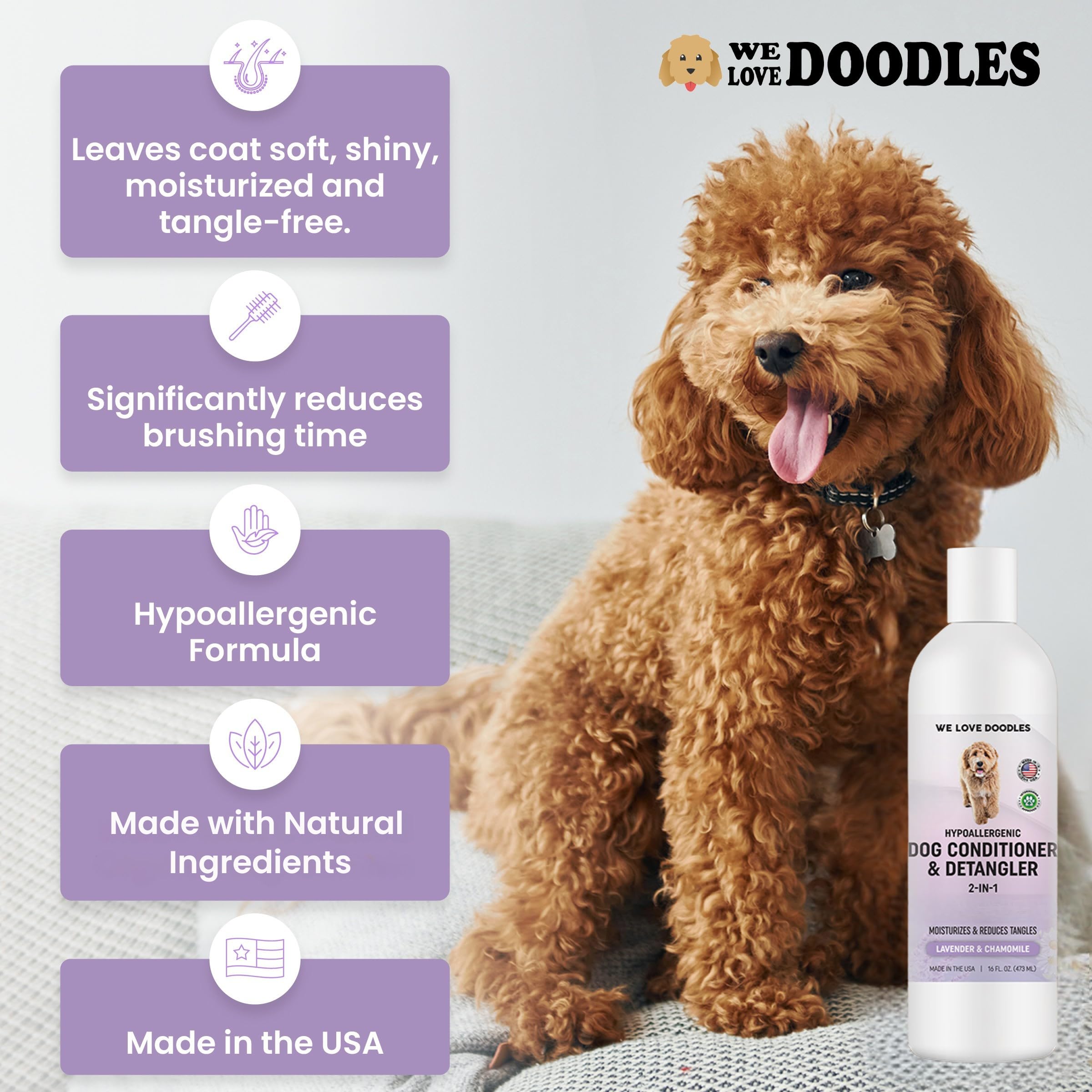 We Love Doodles hand applying conditioner quick mess-free grooming between play sessions.