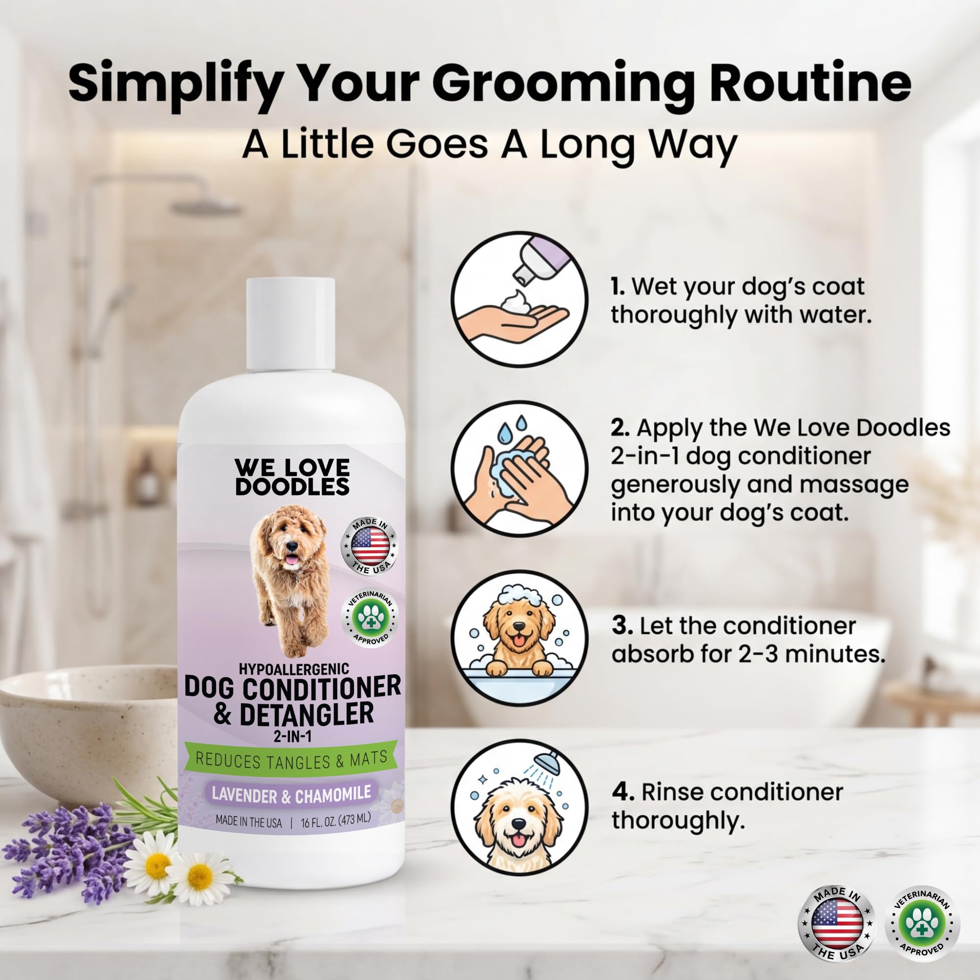 We Love Doodles ingredients lavender chamomile highlight soothing, lightweight coat care.