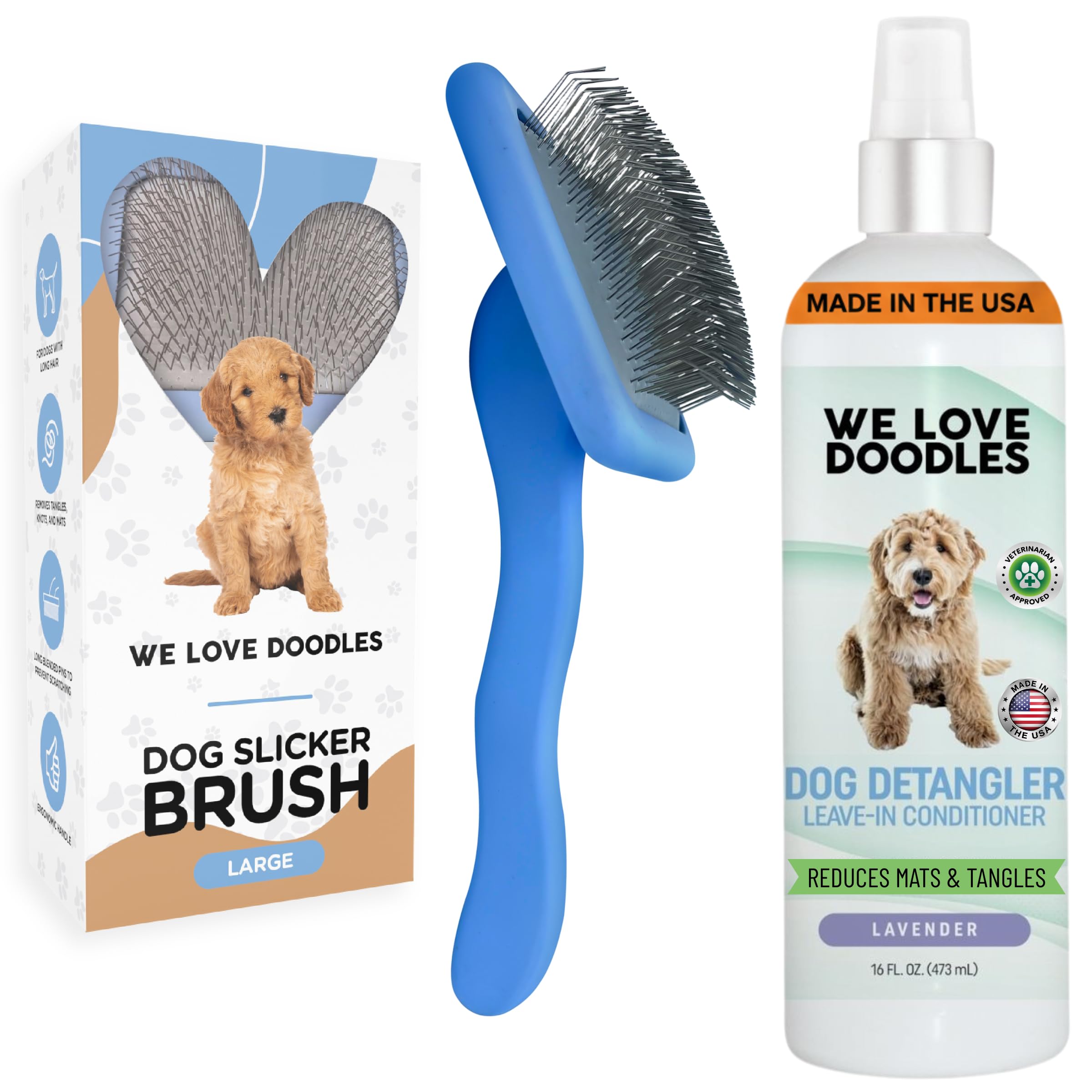 We Love Doodles large slicker brush on a long-haired dog's coat, grooming smoothly.