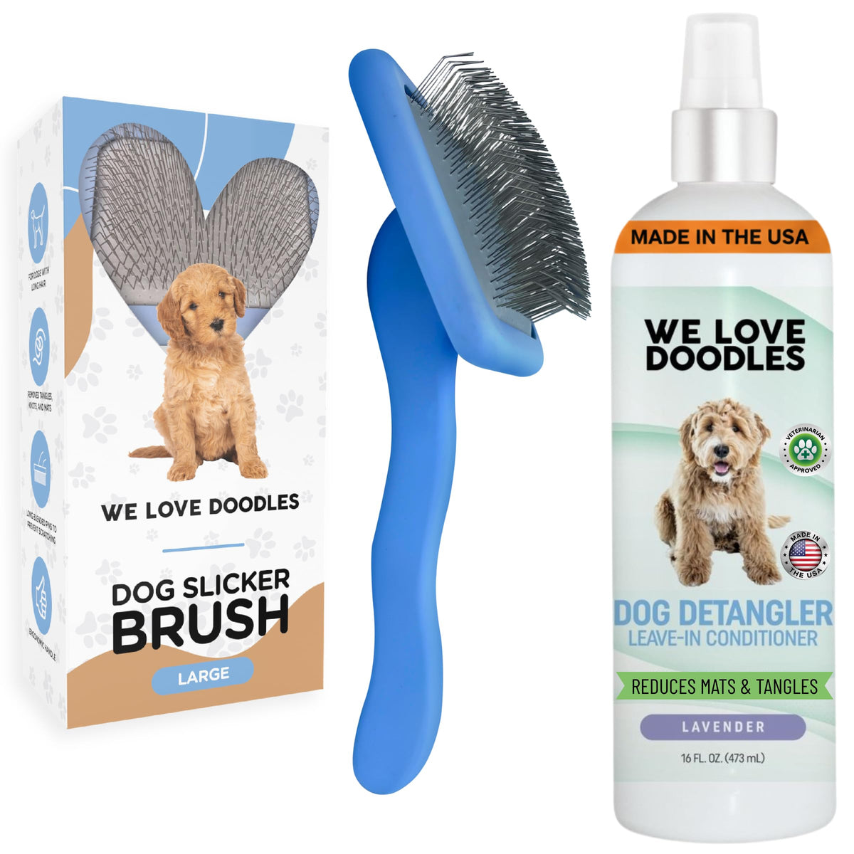 We Love Doodles large slicker brush on a long-haired dog's coat, grooming smoothly.
