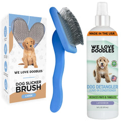 We Love Doodles large slicker brush on a long-haired dog's coat, grooming smoothly.