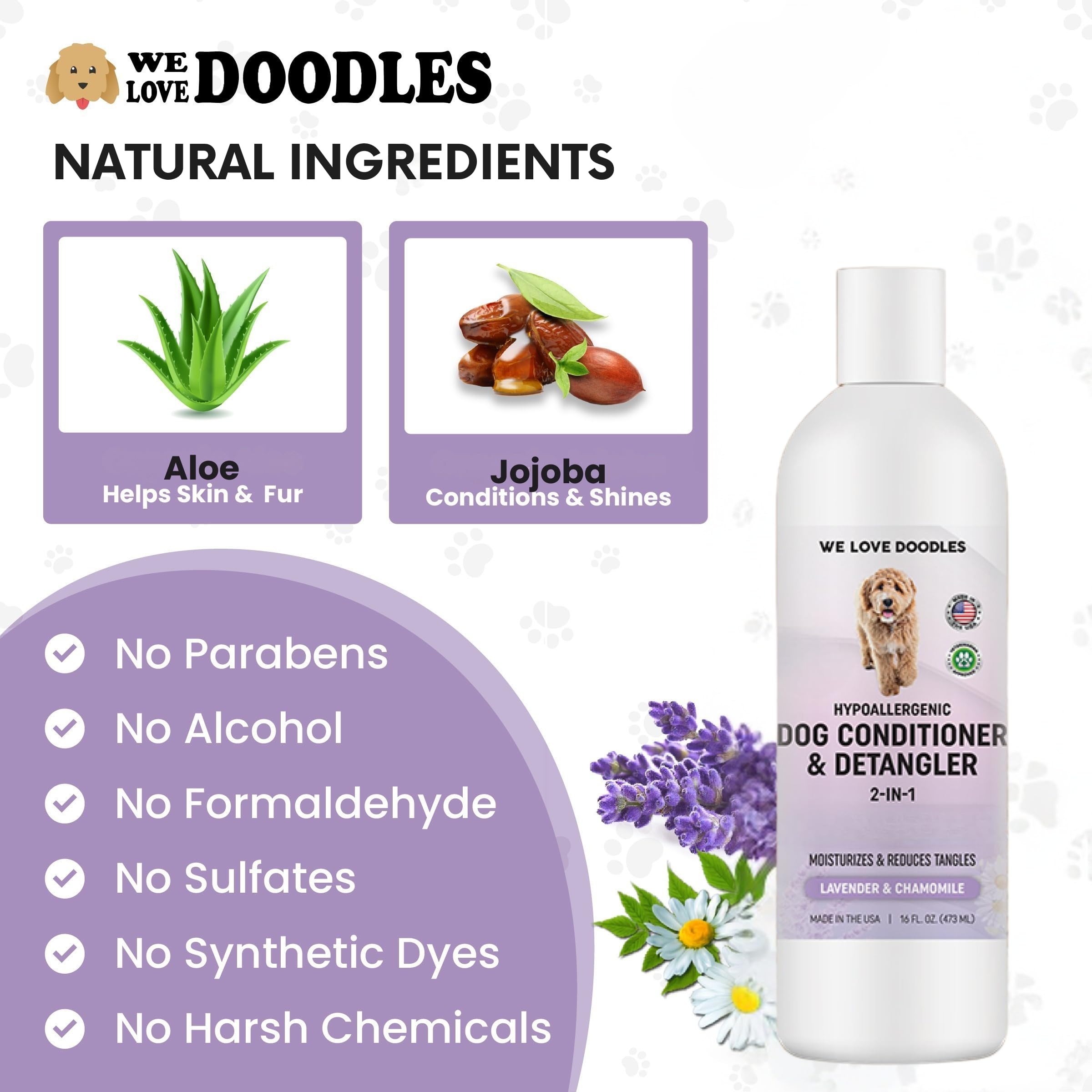 We Love Doodles lavender chamomile bottle USA-made formula designed for gentle cleaning and conditioning.