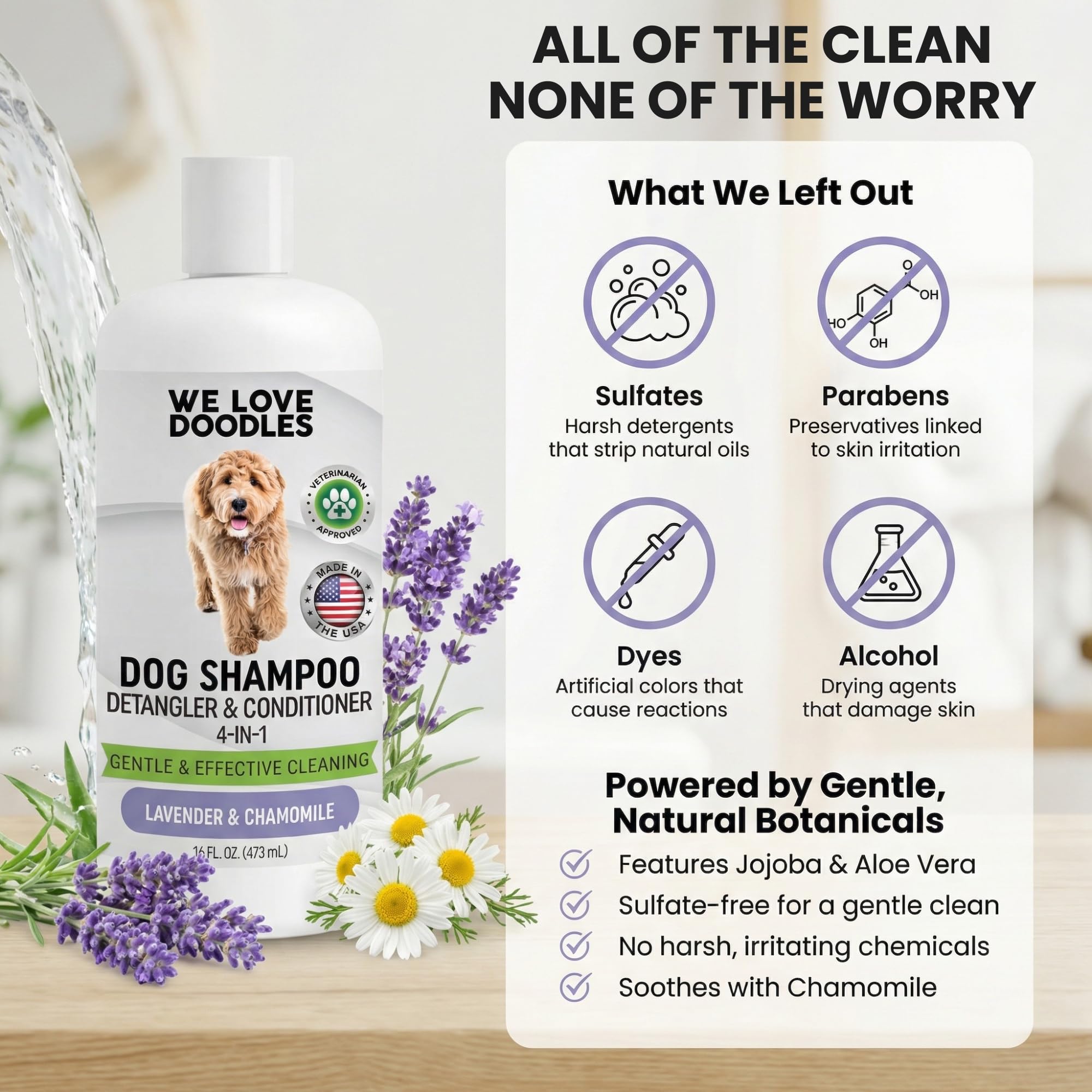 We Love Doodles Lavender conditioner and detangler bottle for easy knots