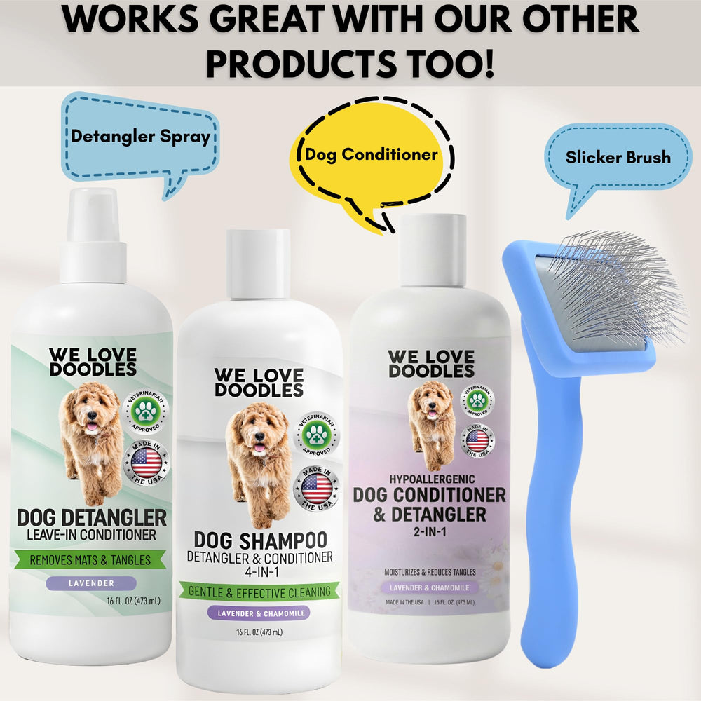 Happy dog after bath with soft, shiny coat using We Love Doodles Lavender