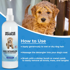 We Love Doodles lavender scented spray on a dog's coat after a bath