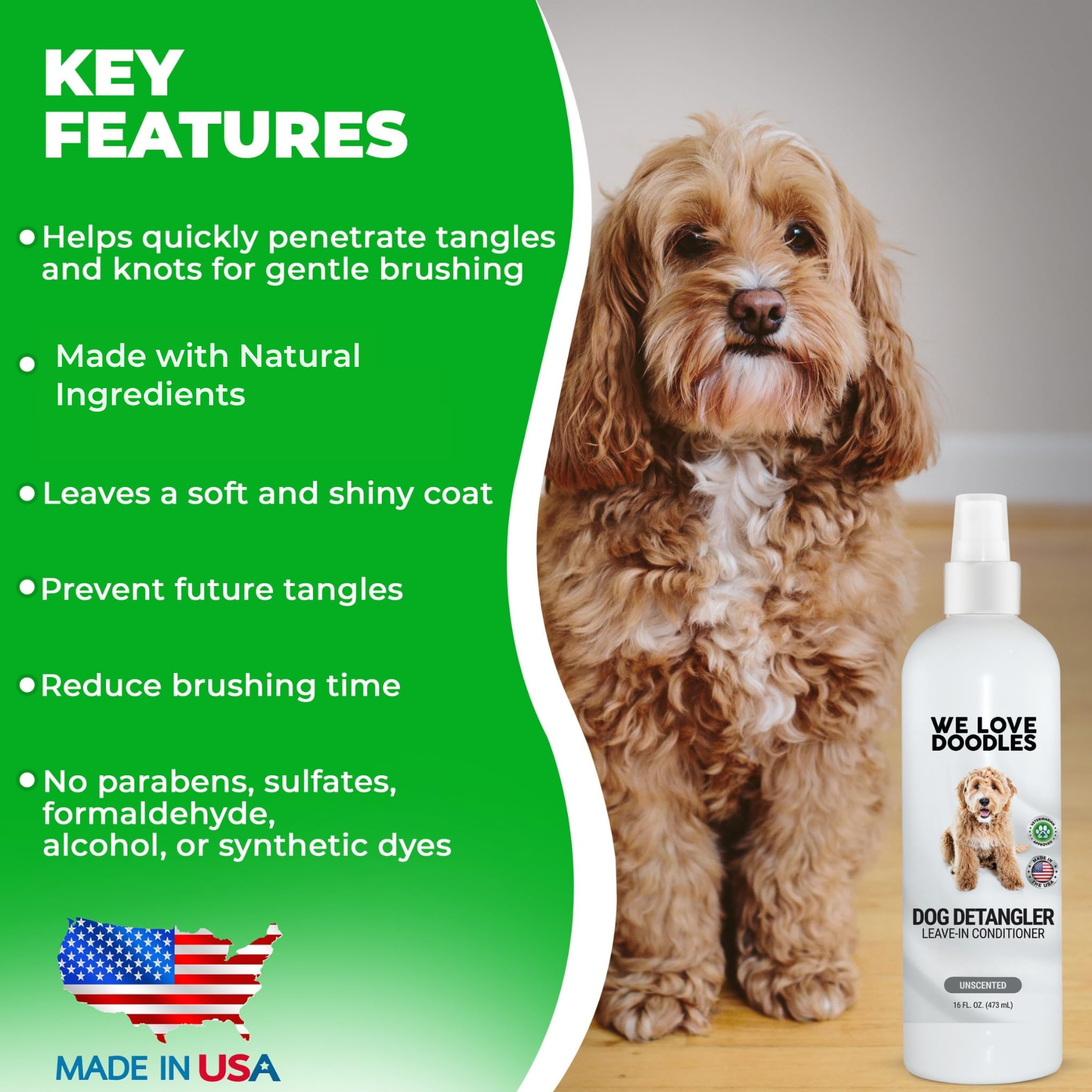 We Love Doodles leave-in conditioner application on a dog's coat