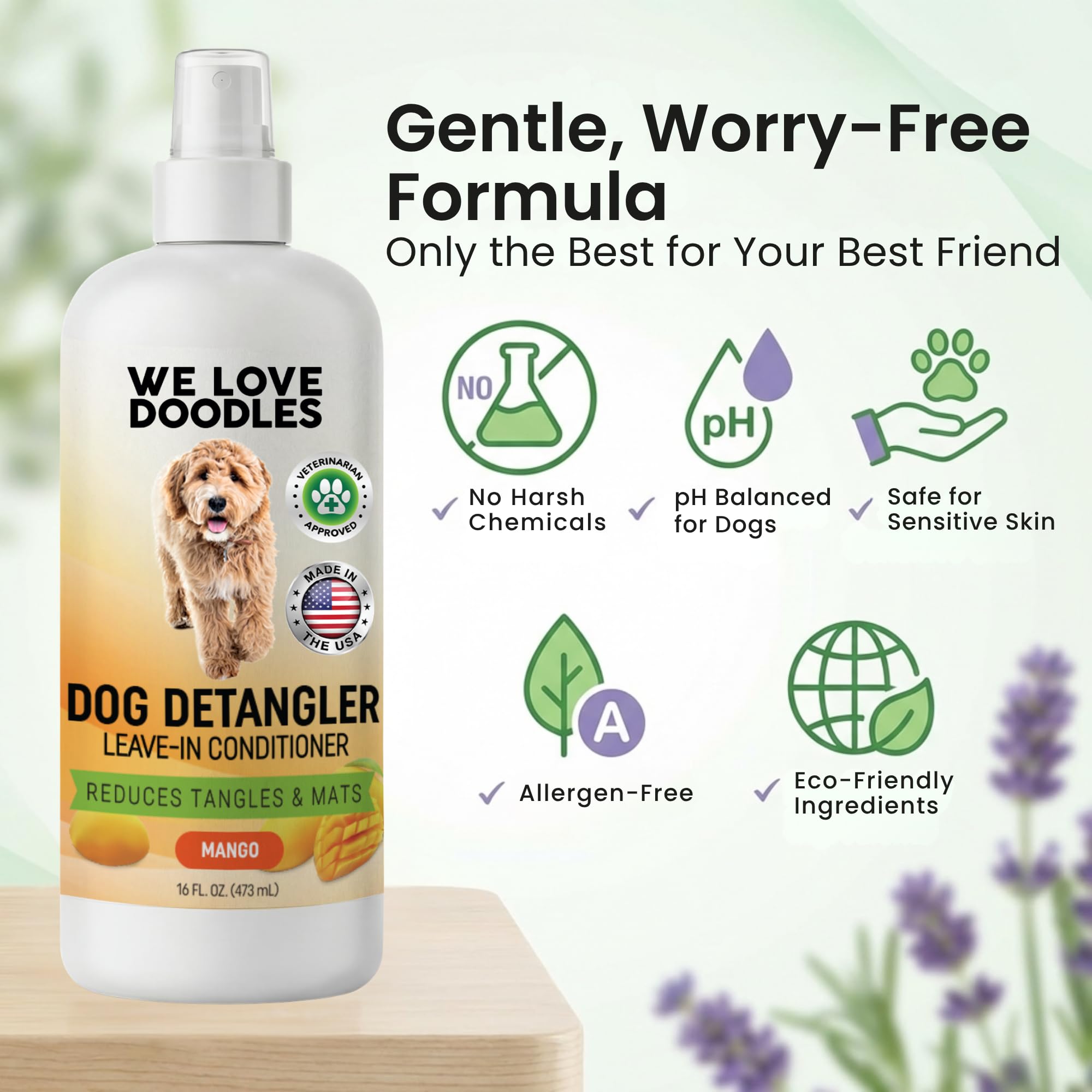 We Love Doodles leave-in conditioner for dogs aids gentle detangling while brushing