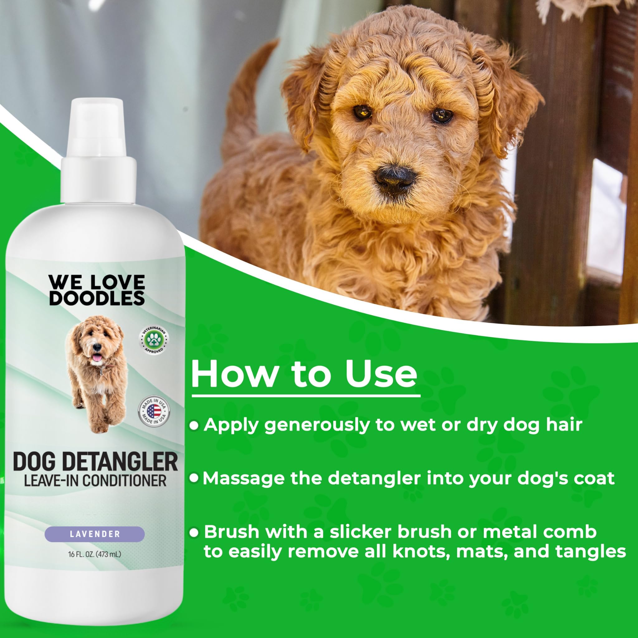 We Love Doodles long coat grooming session using detangler and brush.