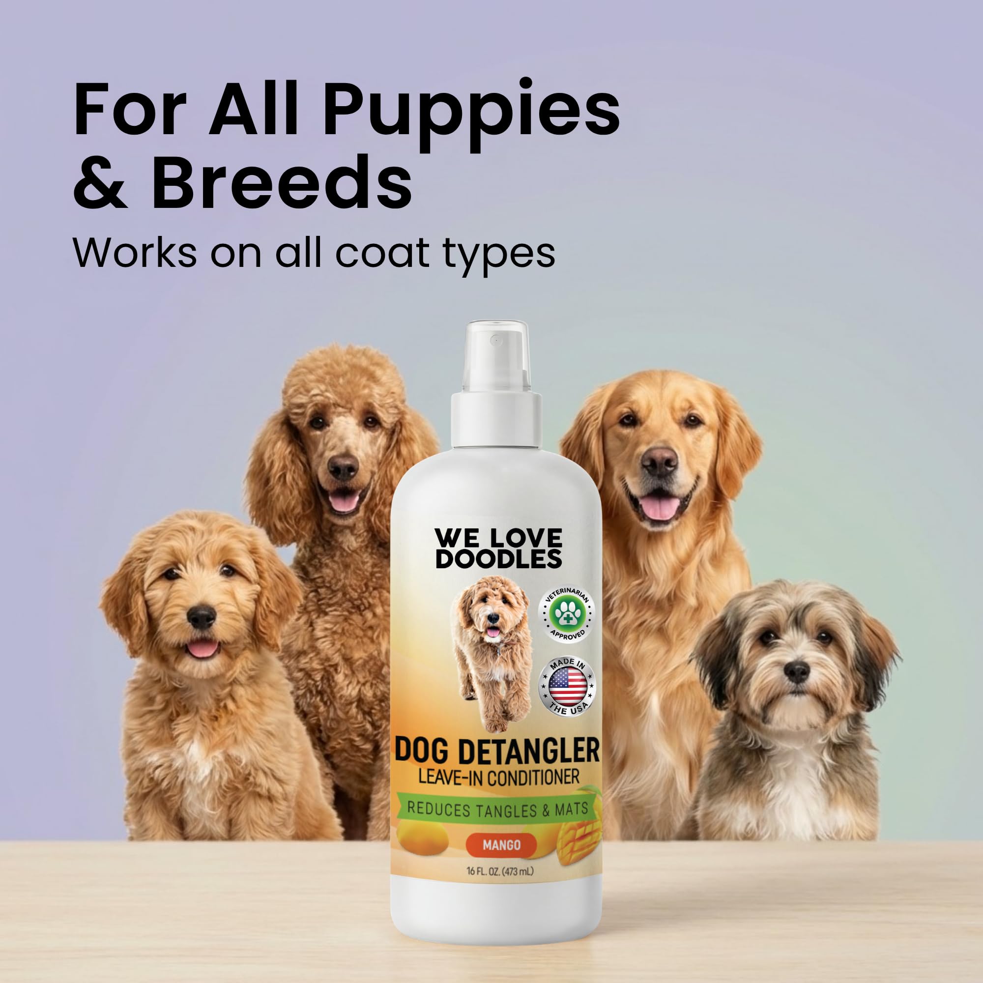 We Love Doodles mango-scented spray on a dog’s coat for a pleasant aroma