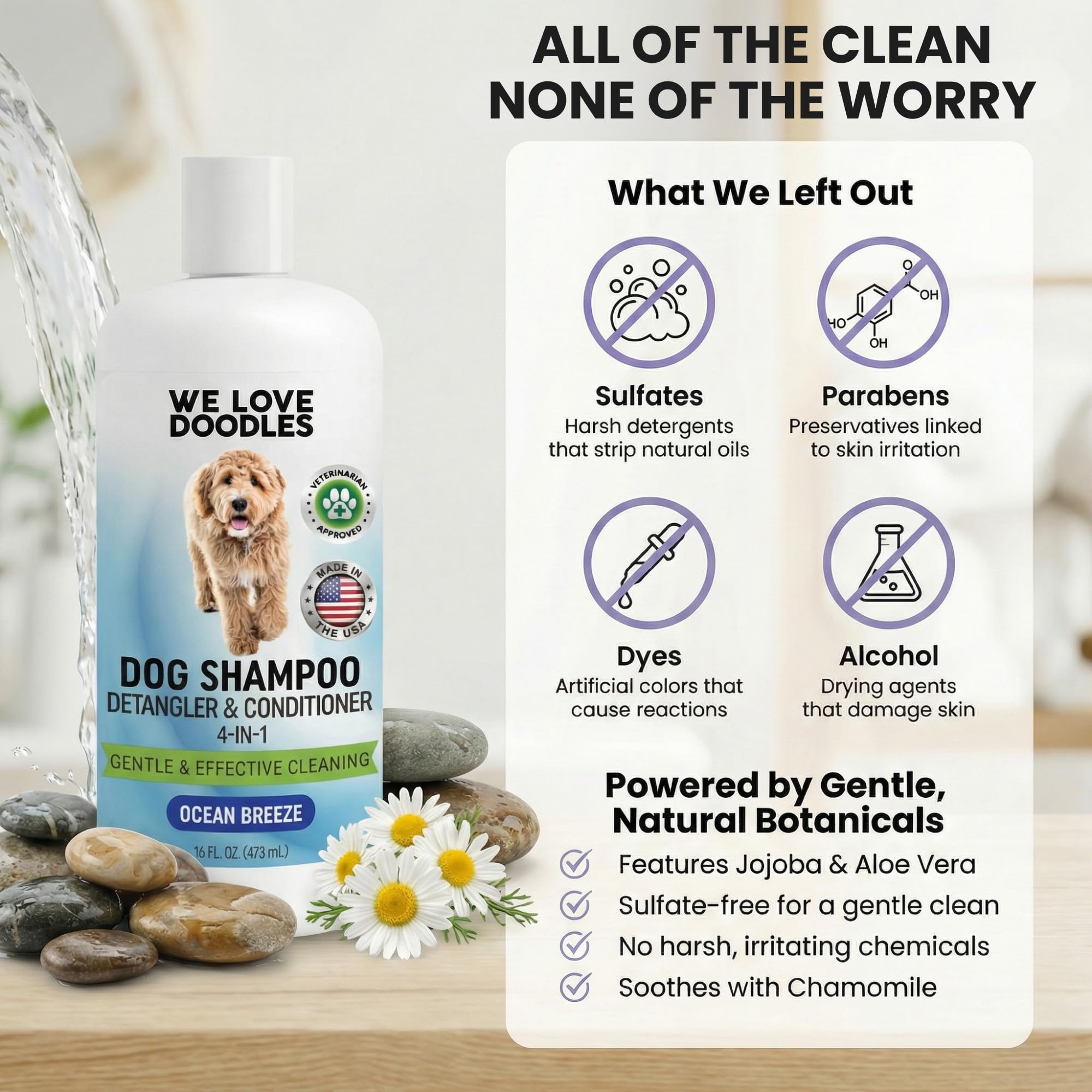 We Love Doodles moisturizing ingredients aloe, jojoba, chamomile visible on label
