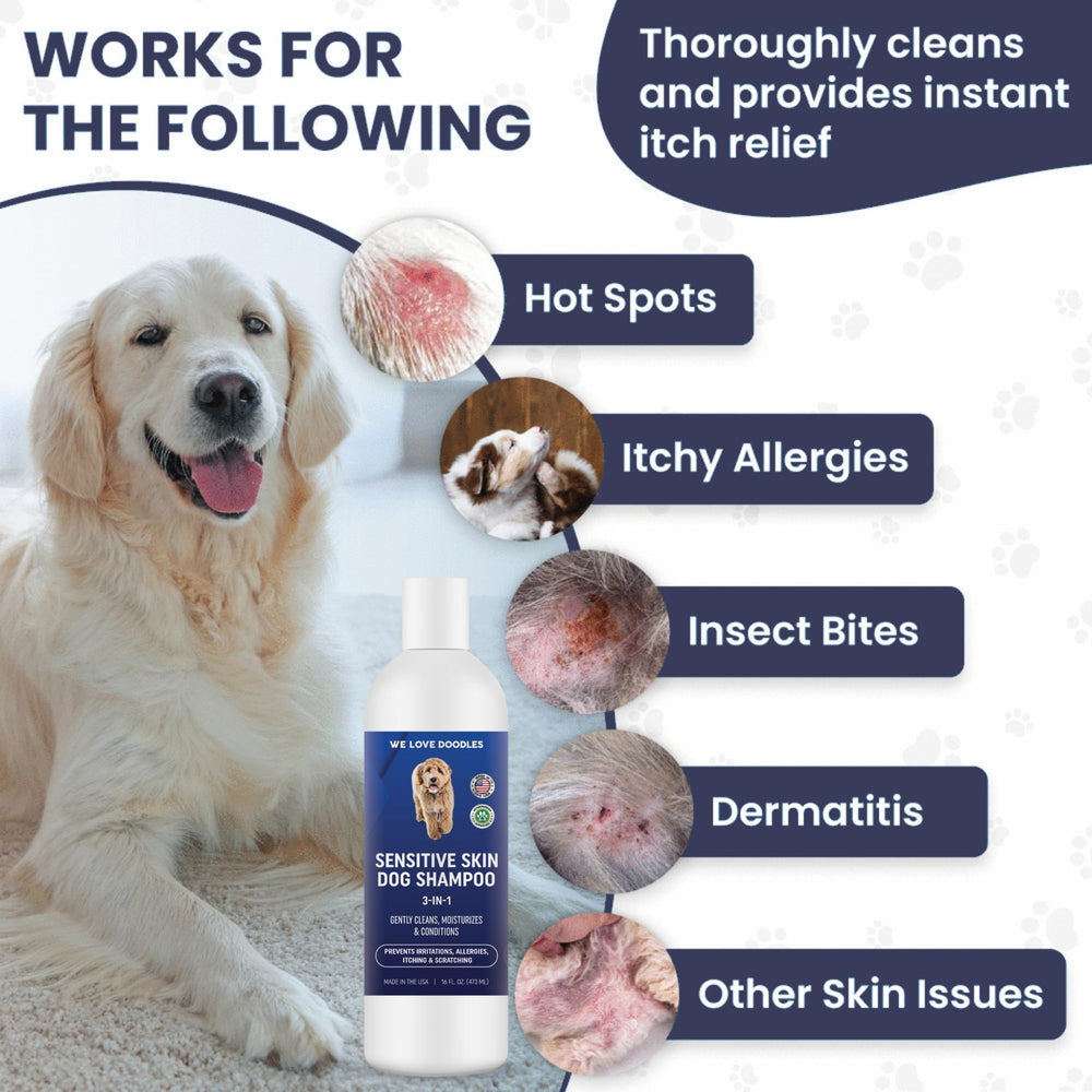 We Love Doodles oatmeal-aloe ingredients label emphasizes gentle care.