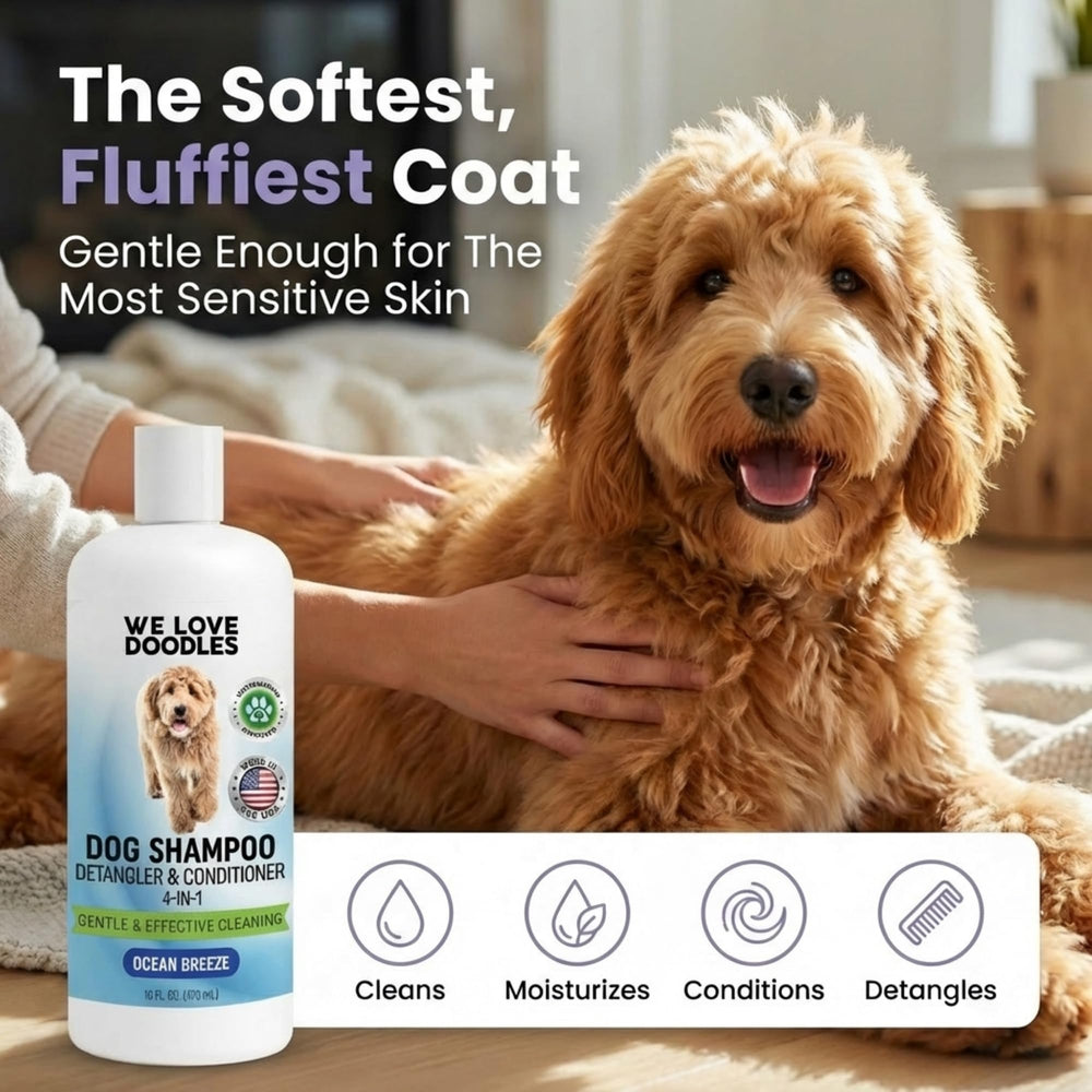 We Love Doodles Ocean Breeze product with brush hint for smooth coat care